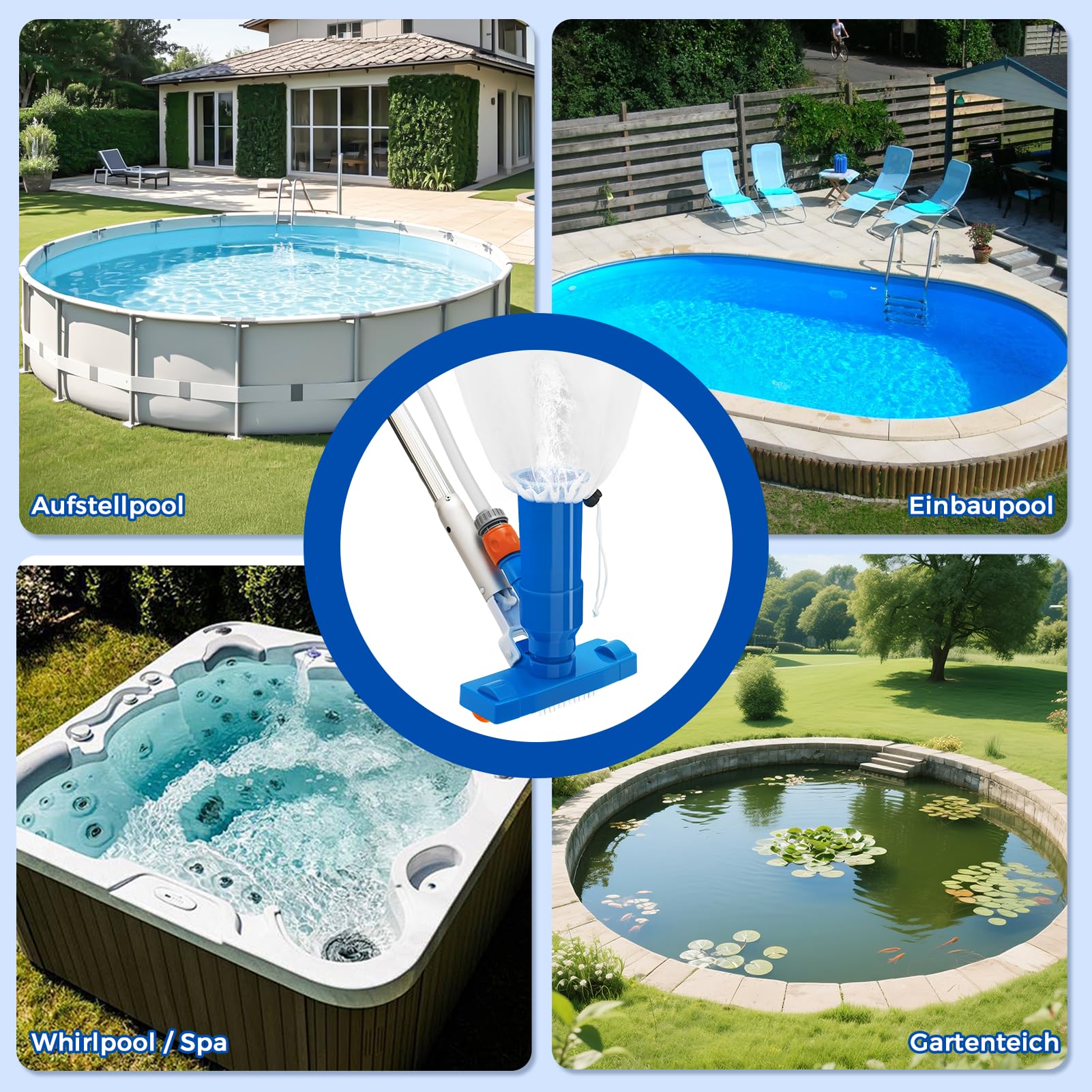 140cm Pool-Reinigungsset, Schwimmbecken-Saugreiniger mit 5-teiligem Teleskopstab, Pool-Pflegeset inklusive Reinigungsnetz, Teichsauger mit großvolumigem Skimmernetz Schmutzbeseitigung