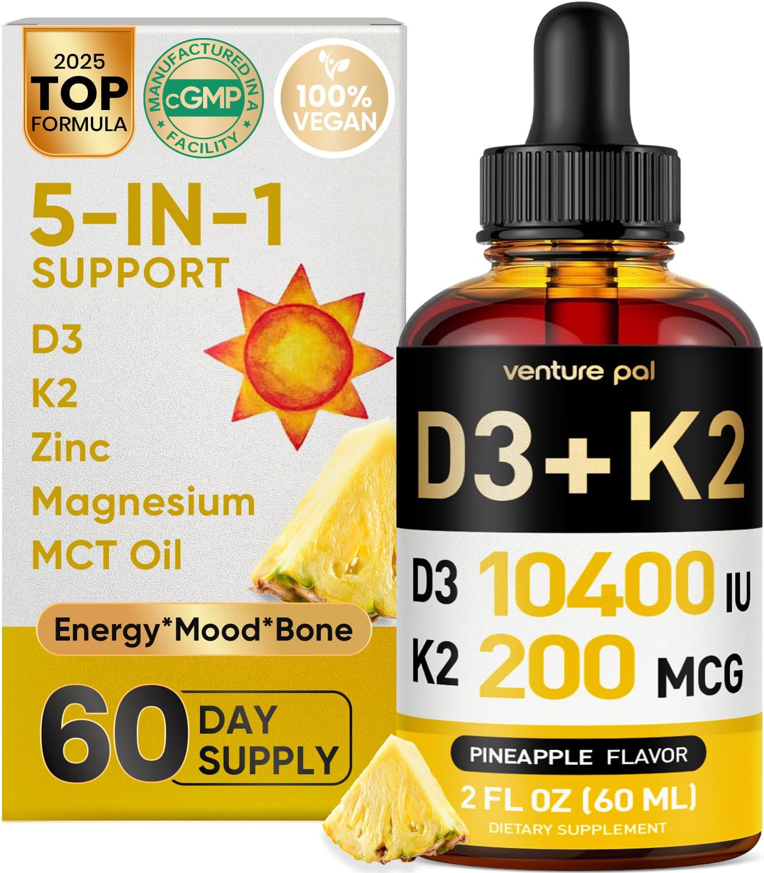Venture Pal 5-in-1 Vitamin D3 10000 IU & K2 as MK-7 200mcg with Magnesium, MCT Oil, Zinc, Sugar-Free Vitamin D Liquid |Maximum Absorption for Bone, Mood & Immune Health - 2 FL OZ, 66 Days