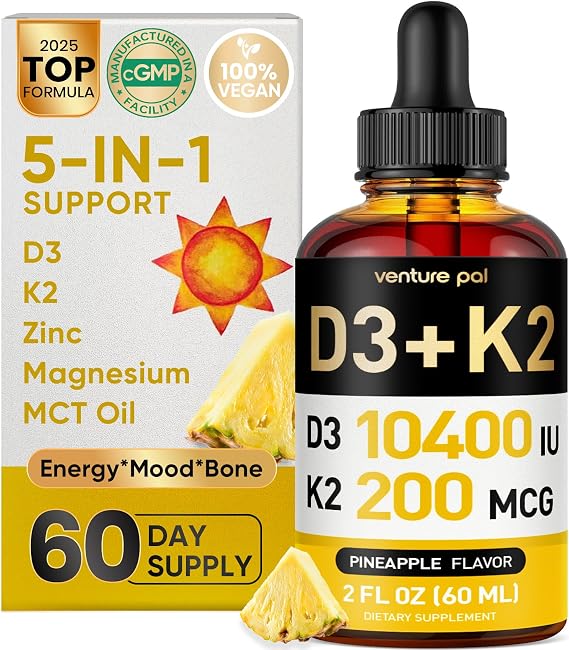 5-in-1 Vitamin D3 K2 Drops - Vitamin D3 10000 IU & K2(MK-7) 200mcg with Magnesium, MCT Oil, Zinc, Sugar Free Vitamin D Liquid Supplement|Maximum Absorption for Bone, Mood & Immune - 2 FL OZ, 60 Days