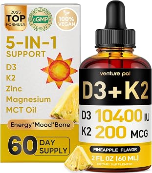 5-in-1 Vitamin D3 K2 Drops - Vitamin D3 10000 IU & K2(MK-7) 200mcg with Magnesium, MCT Oil, Zinc, Sugar Free Vitamin D Liquid Supplement|Maximum Absorption for Bone, Mood & Immune - 2 FL OZ, 60 Days