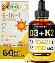 5-in-1 Vitamin D3 K2 Drops - Vitamin D3 10000 IU & K2(MK-7) 200mcg with Magnesium, MCT Oil, Zinc, Sugar Free Vitamin D Liquid Supplement|Maximum Absorption for Bone, Mood & Immune - 2 FL OZ, 60 Days