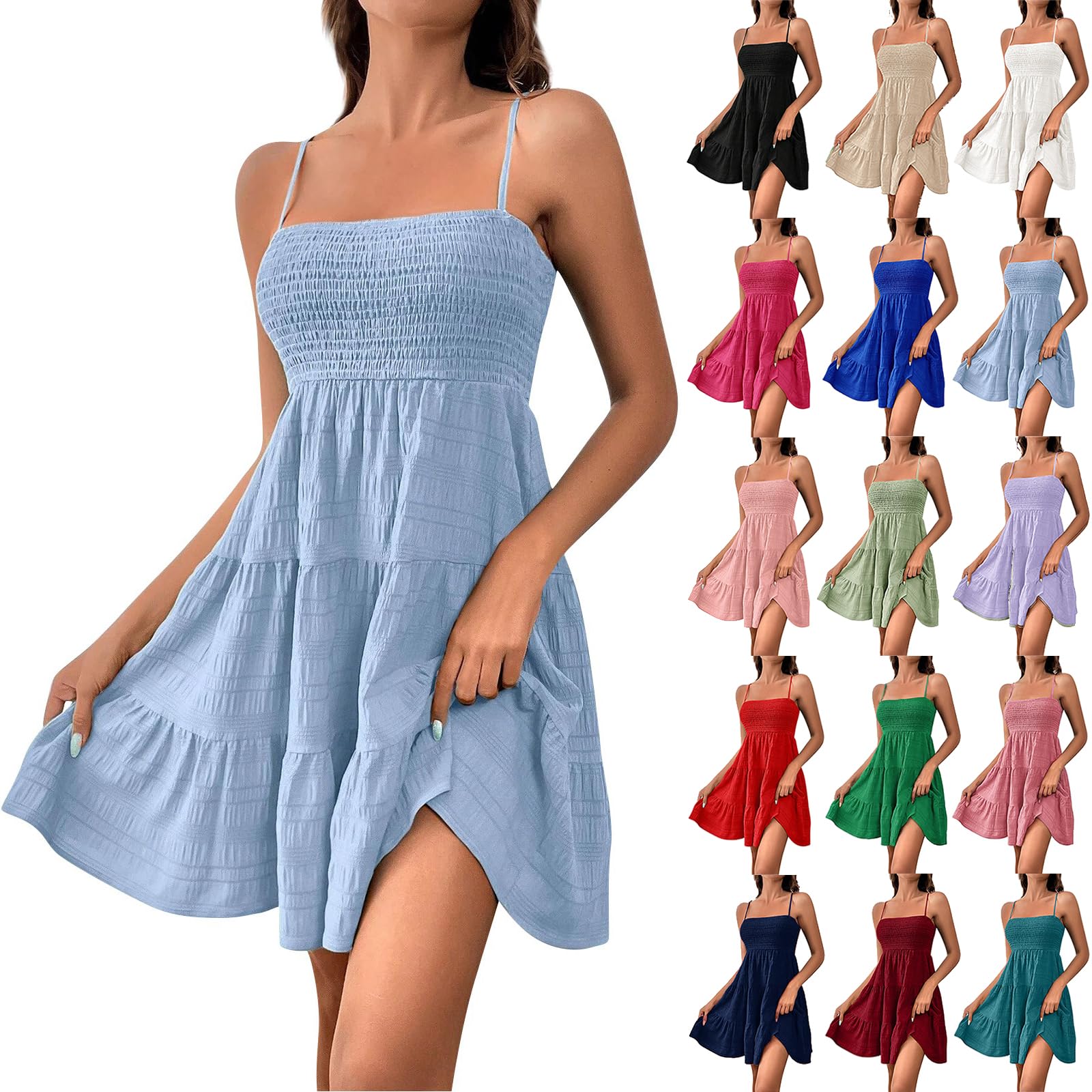 Jybuyye Women Summer Dresses Square Neck Spaghetti Strap Dresses Sleeveless Mini Dress A Line Sundresses Boho Beach Dress