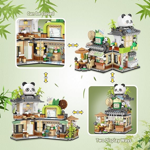 QLT 860PCS Panda Building Set, Street View Tea Shop Mini Building Blocks, Not Compatible with Lego Panda House, Creative Cute Animals Building Block, Architecture Construction Kit for Kids Adults