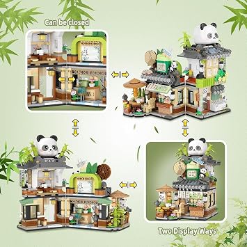 QLT 860PCS Panda Building Set, Street View Tea Shop Mini Building Blocks, Not Compatible with Lego Panda House, Creative Cute Animals Building Block, Architecture Construction Kit for Kids Adults