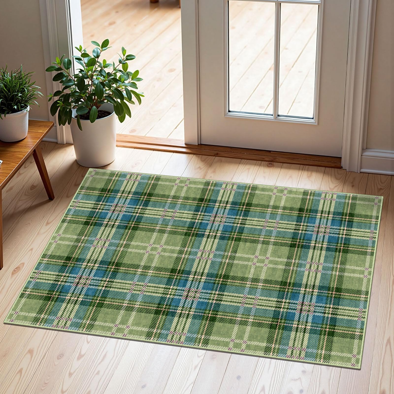 Othilic Front Door Mat Outside Entrance - 2x3 Buffalo Non-Slip Washable Doormat Indoor Outdoor Entrance Green Teal Plaid Tartan Rug Small Throw Rugs for Entryway Bedroom Kitchen Front Porch Decor