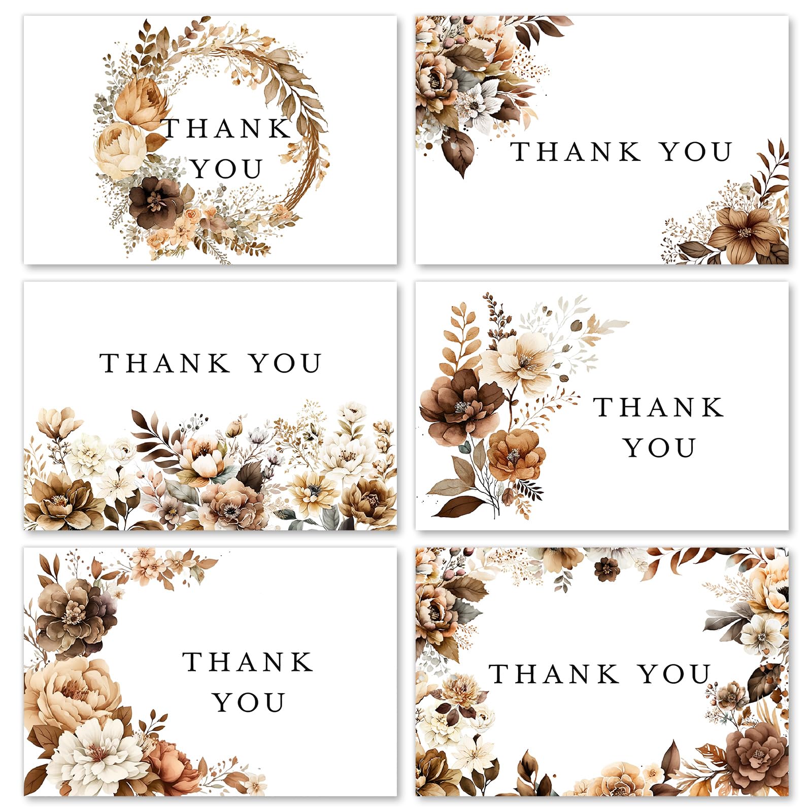 AnyDesign Paquete de 36 tarjetas de agradecimiento de flores a granel, tarjetas de agradecimiento florales marrones con sobres y calcomanías, hojas florales, tarjetas de felicitación en blanco para