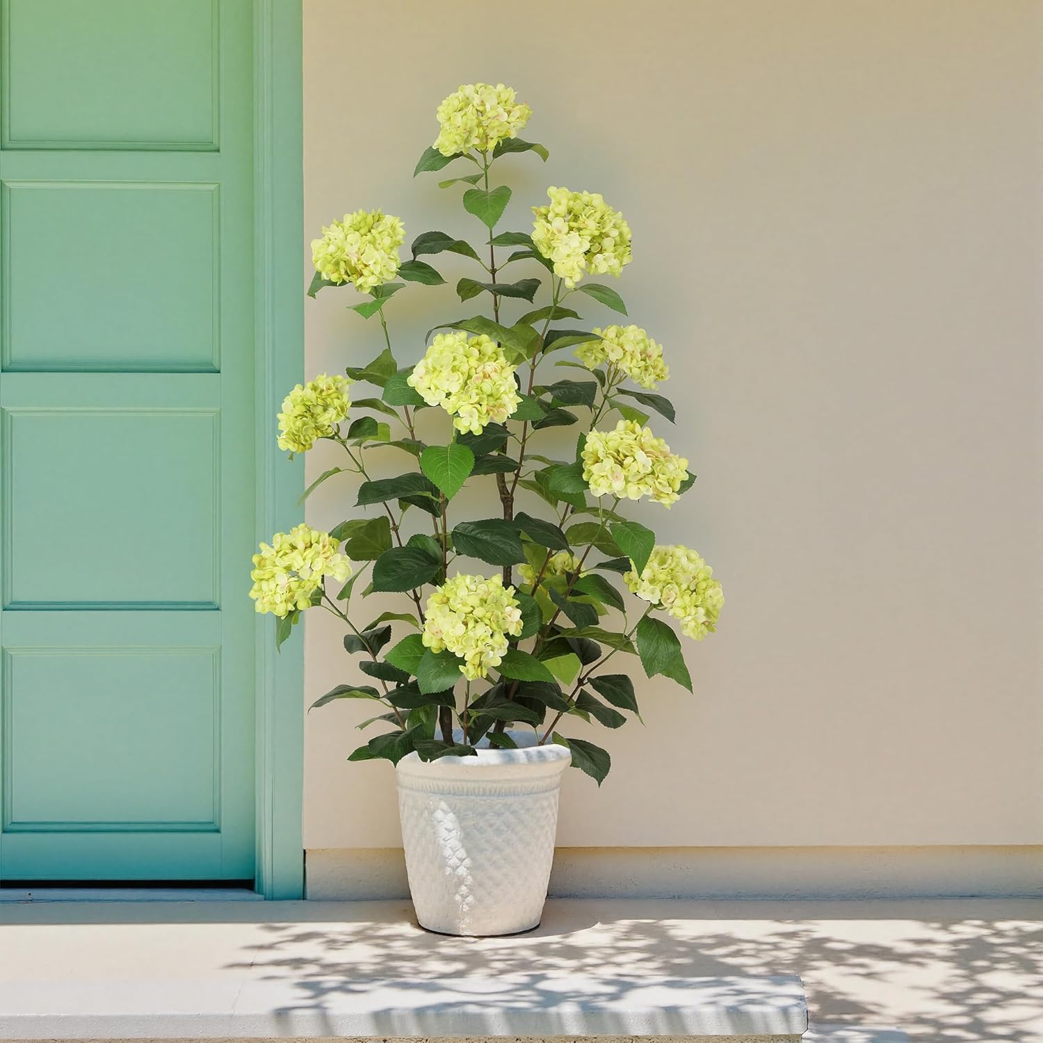 Bellacat 4ft Faux Hydrangea Tree with Green Flowers, 48in Artificial Hydrangea Plant with Lifelike Leaves, Fake Hydrangea Bush Flower Tree for Porch Patio Living Room Indoor & Outdoor Decor, 2Pack