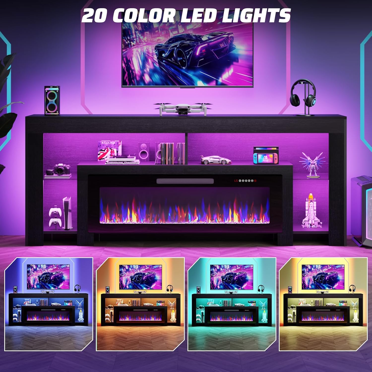 Waleaf TV stand with various LED lighting colors illuminating the shelves and surrounding area.