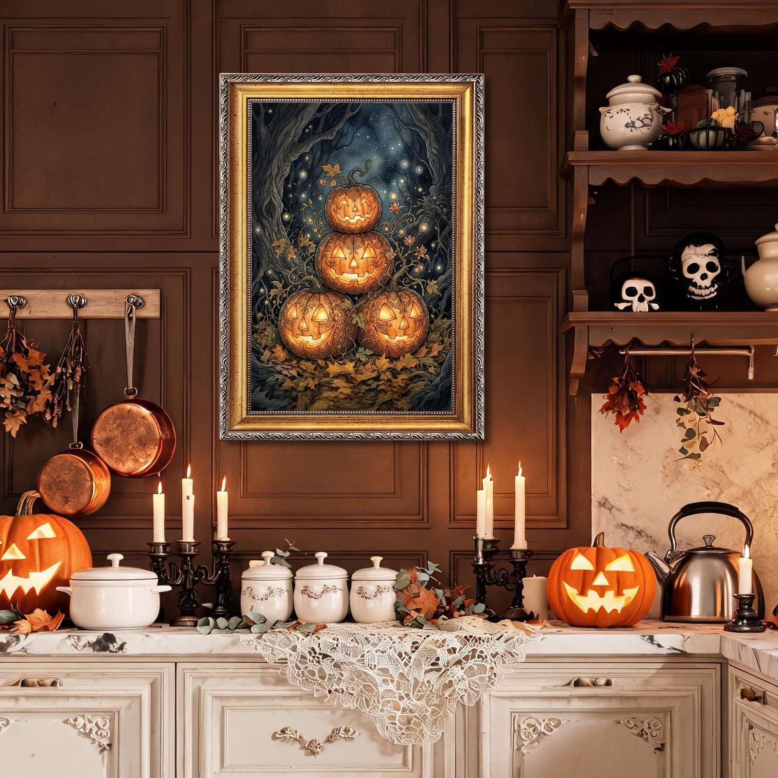 Quadro con stampa su tela raffigurante una zucca intagliata impilata e stra