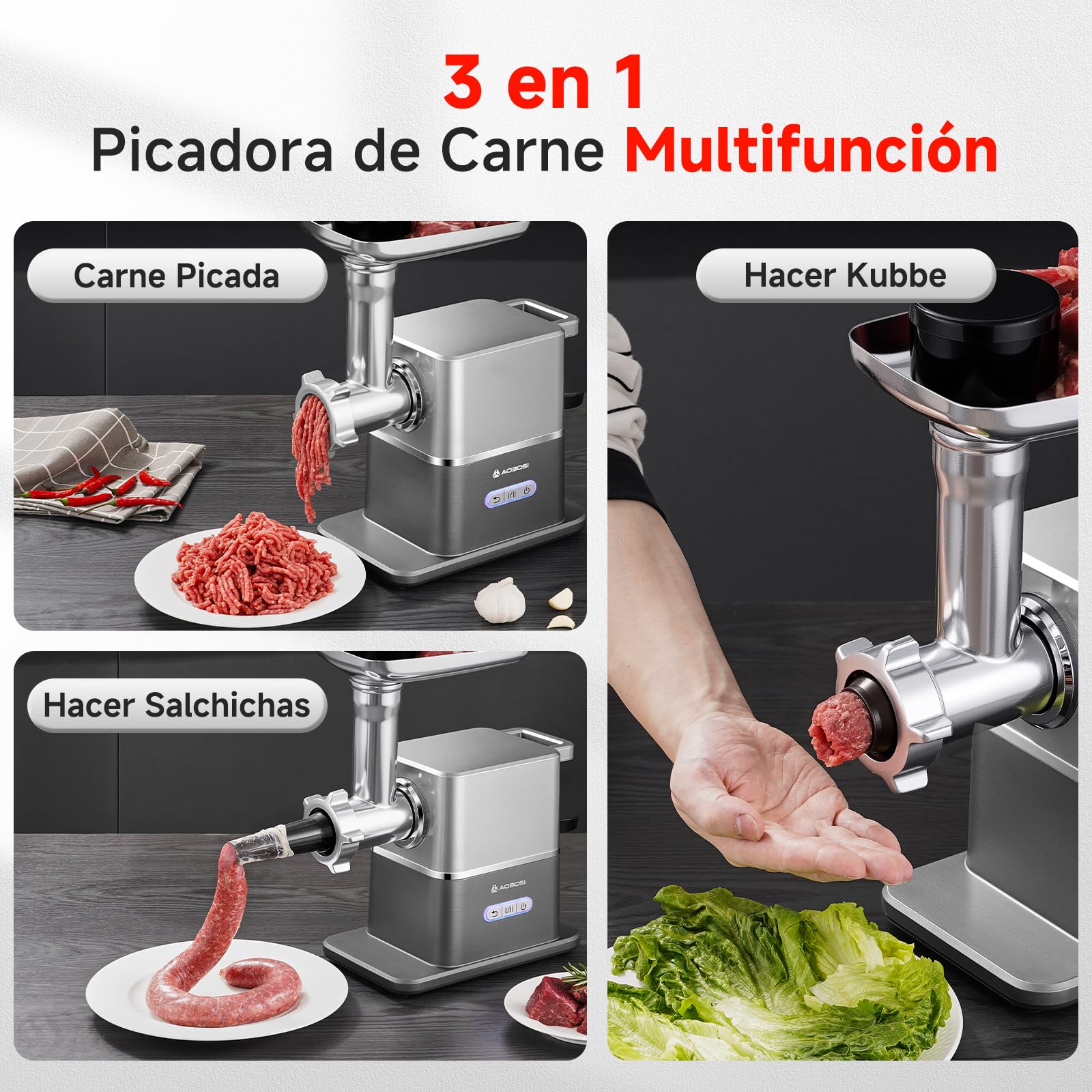 AOBOSI Picadora De Carne Silenciosa - 3000W Máx. Con Motor DC, Solo 60dB, Reversa Automática Y Empujador De Alimentos Con Almacenaje - 3 Niveles De Velocidad, Para Moler, Hacer Embutidos Y Kibbe