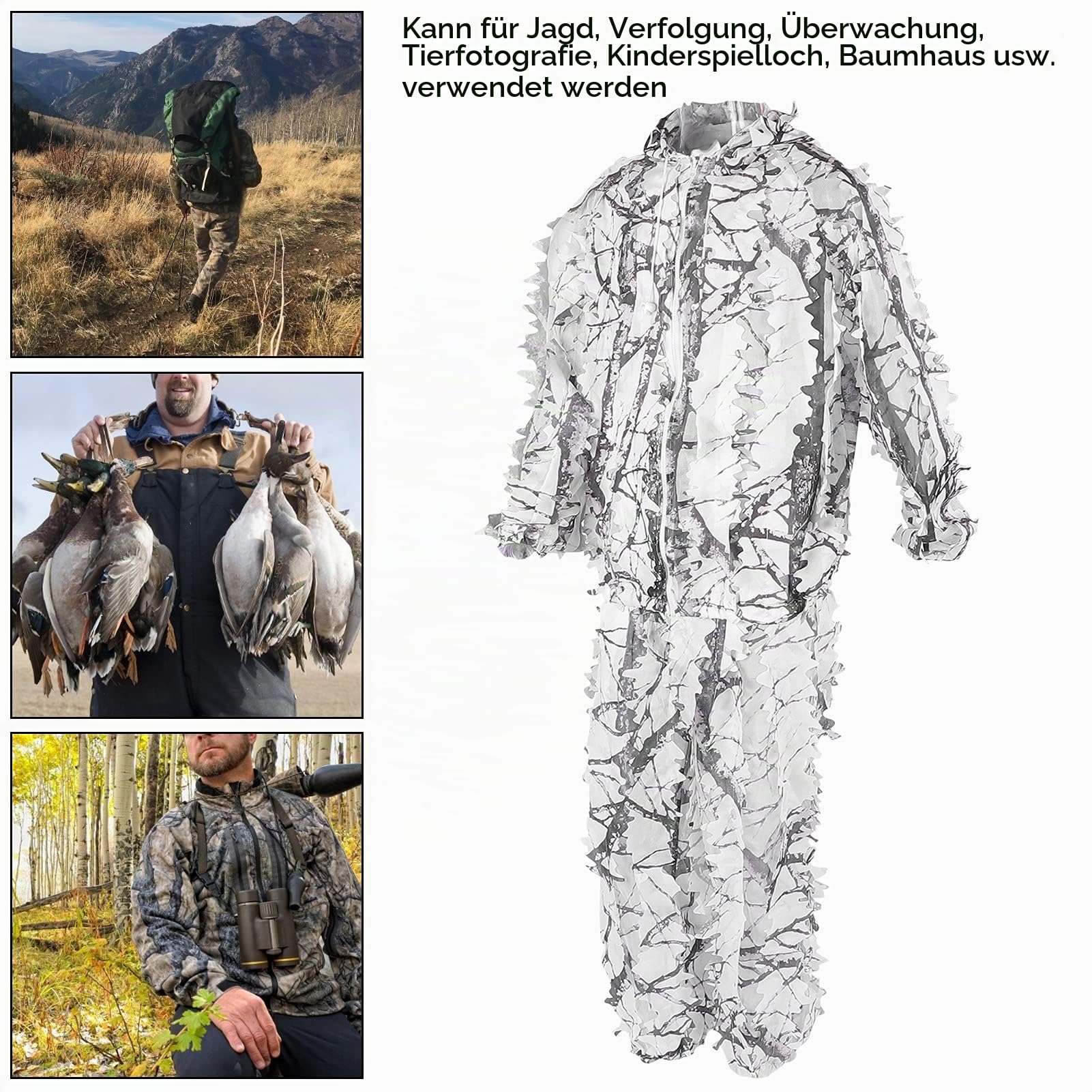 Teror 3D Leaf Suit, Snow Wild Camouflage Ghillie Suit 3D Leaf Jacken und Hosen Set Kleidung für die Jagd