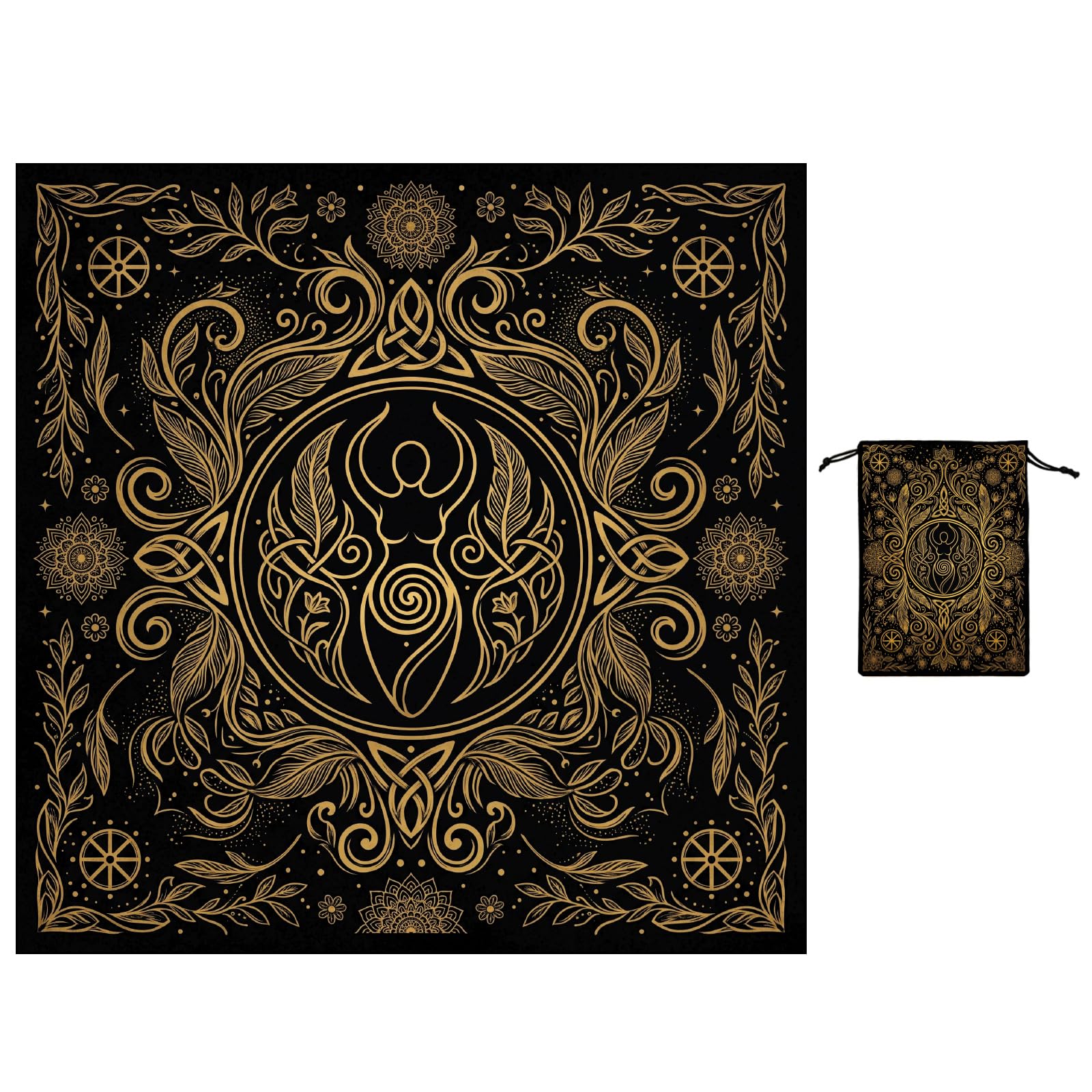 GLOBLELAND Triple Goddess Altar Cloth Vines Flowers Tarot Cloth with Tarot Card Storage Bag Sun Wheels Square Velvet Tarots Tablecloth for Divination Wiccan Witchcraft Supplies Tool