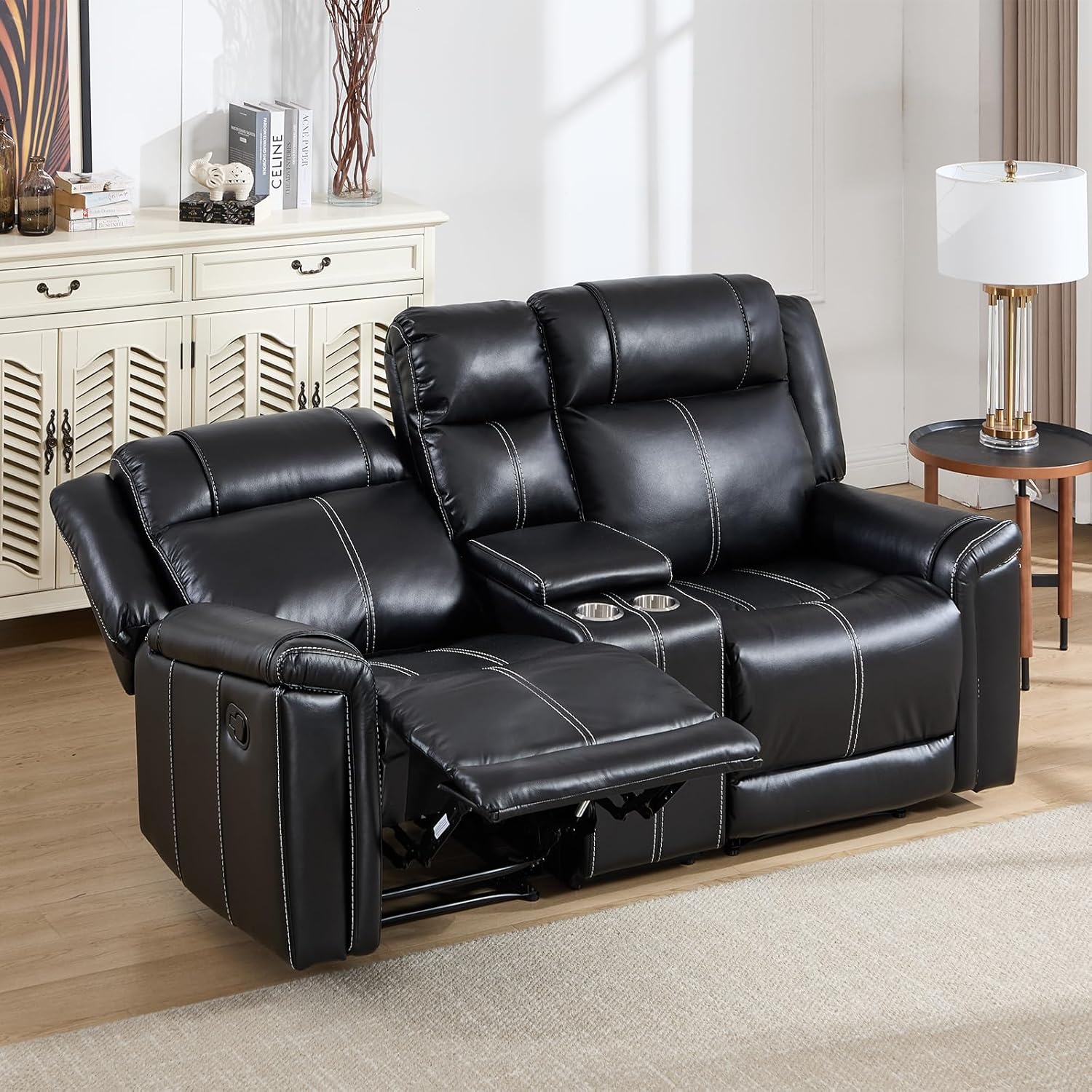 EBELLO Faux Leather Recliner Loveseat Sofa, Manual Reclining Couch, Mid-Century Modern 2-Seater Chair with Handy Cup Holders and Storage Space, for Living Room, Meeting Room, Black