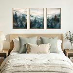 HPNIUB Watercolor Misty Toile de forêt Cadres Ensemble d'art mural, Nature Paysage Décoration murale, Foggy Mountain Pine Arbres Peinture murale, Jungle Scenery Artwork pour le salon, Chambre, Bureau - 16"x24"x3