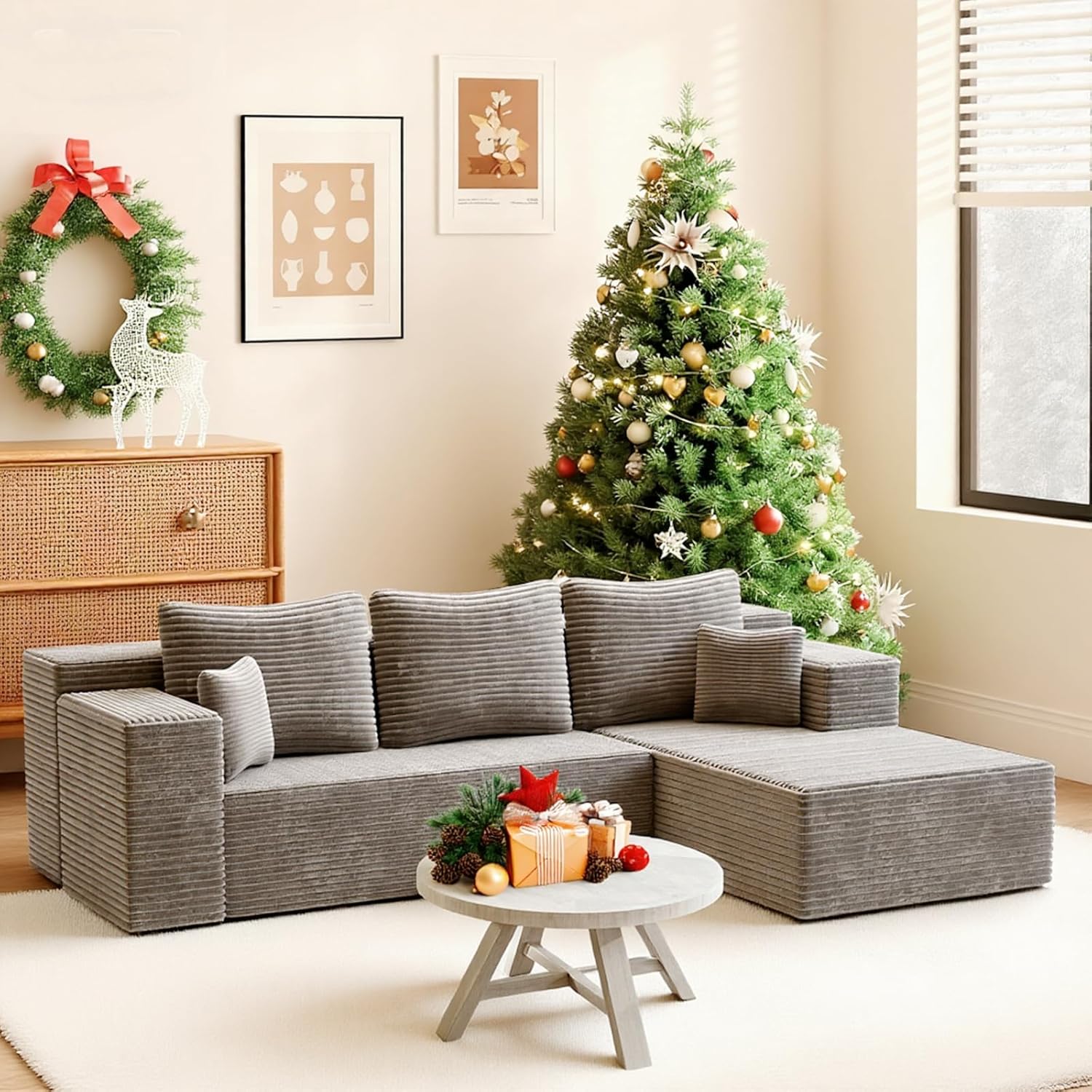 106'' Modular Sectional Sofa, L-Shaped Boneless Cloud Couch with Chaise Lounge, 4-in-1 Flexible Combination Faux Rabbit Fur & Layered Cushion Deep Seat, No Assembly, Camel Right Facing Chaise