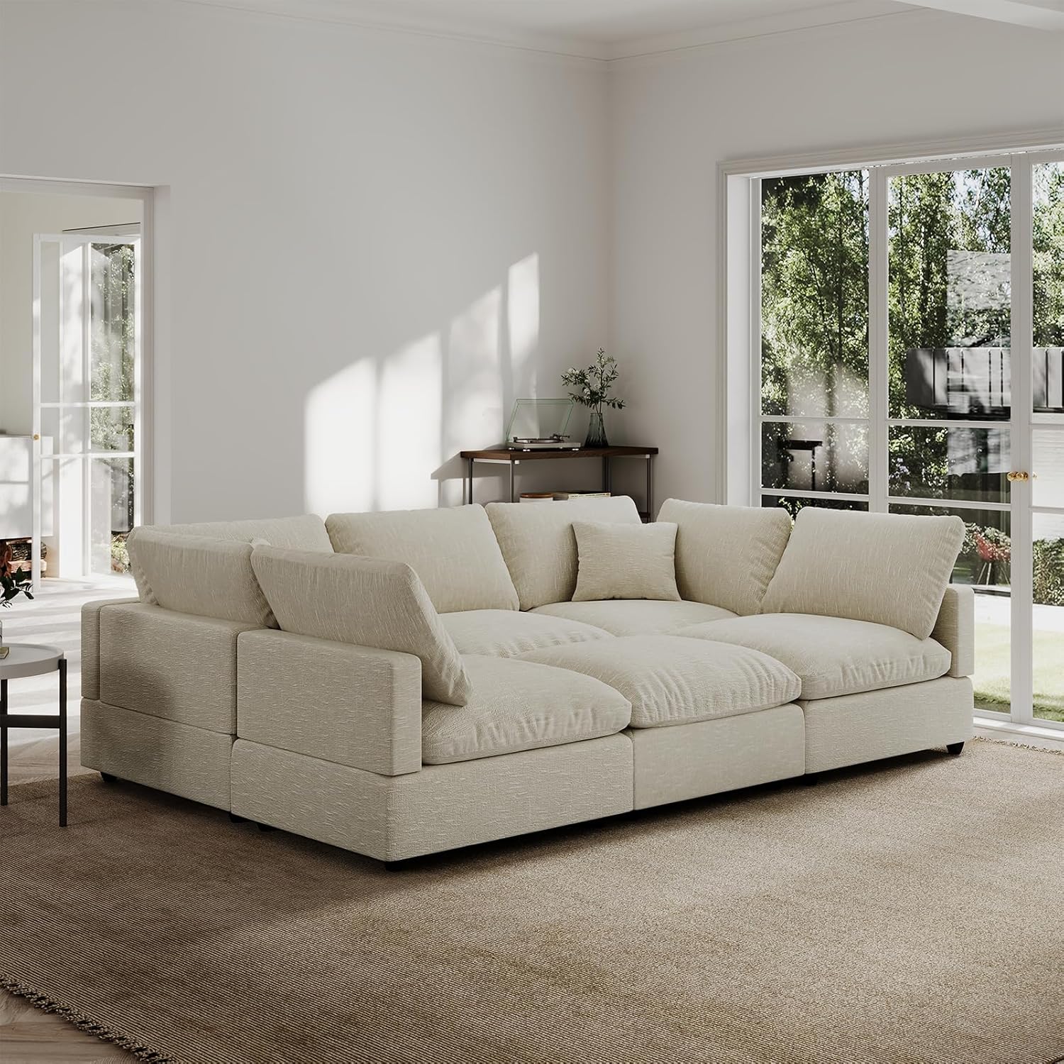 Linen Modular Sectional Sofa Cloud Couch for Living Room,Sleeper Sofa Bed,95.4 Inch Couches Cushion Covers Removable,Cozy Feather Down Sofa for Apartment Beige