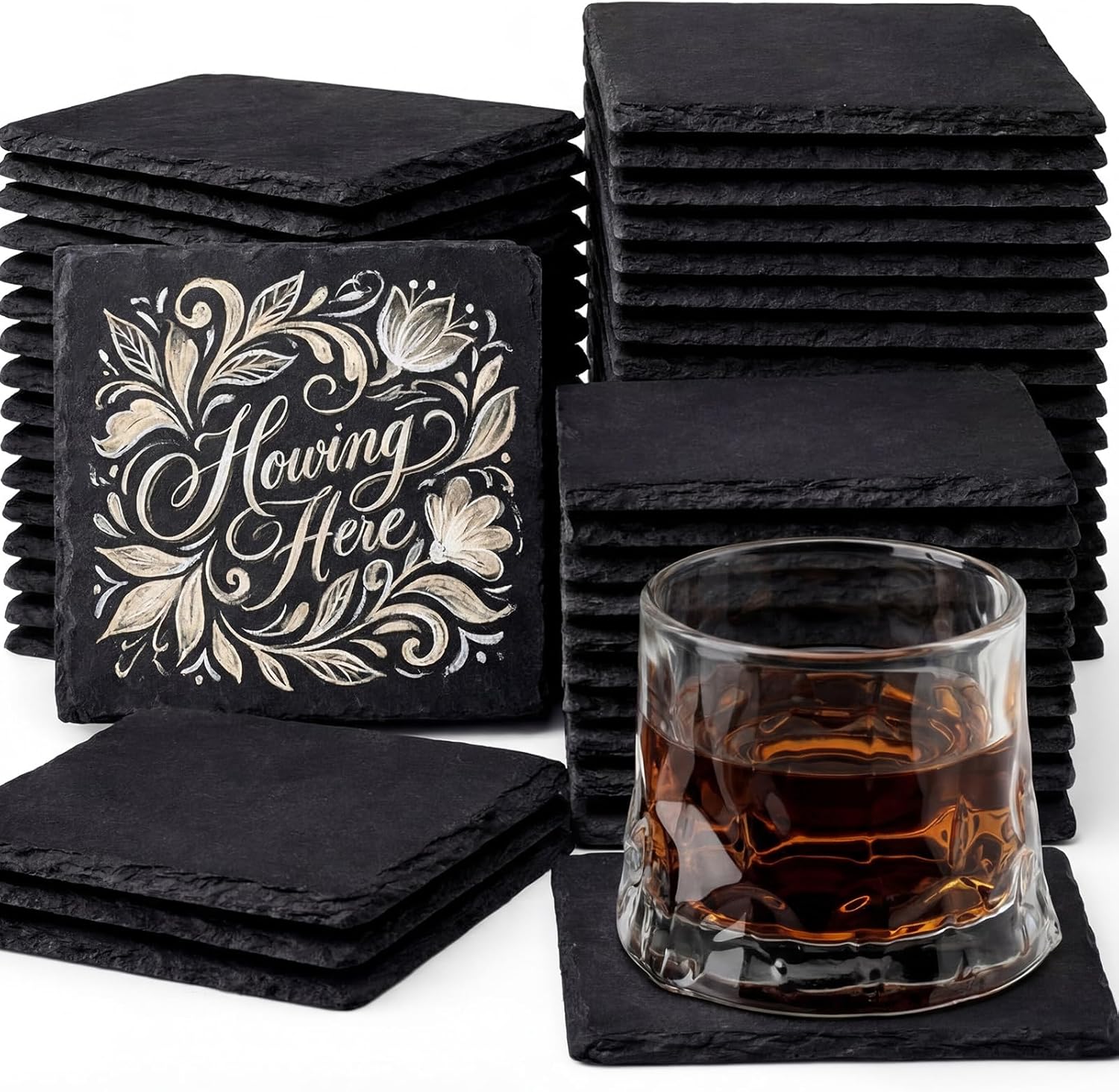 48 Pcs Black Stone Slate Coasters Bulk 4 Inch Square Blank Slate Rock Drinks Coasters with Anti-Scratch Bottom for Laser Engraving Etching Home Office Bar Gifts Housewarming Wedding Party