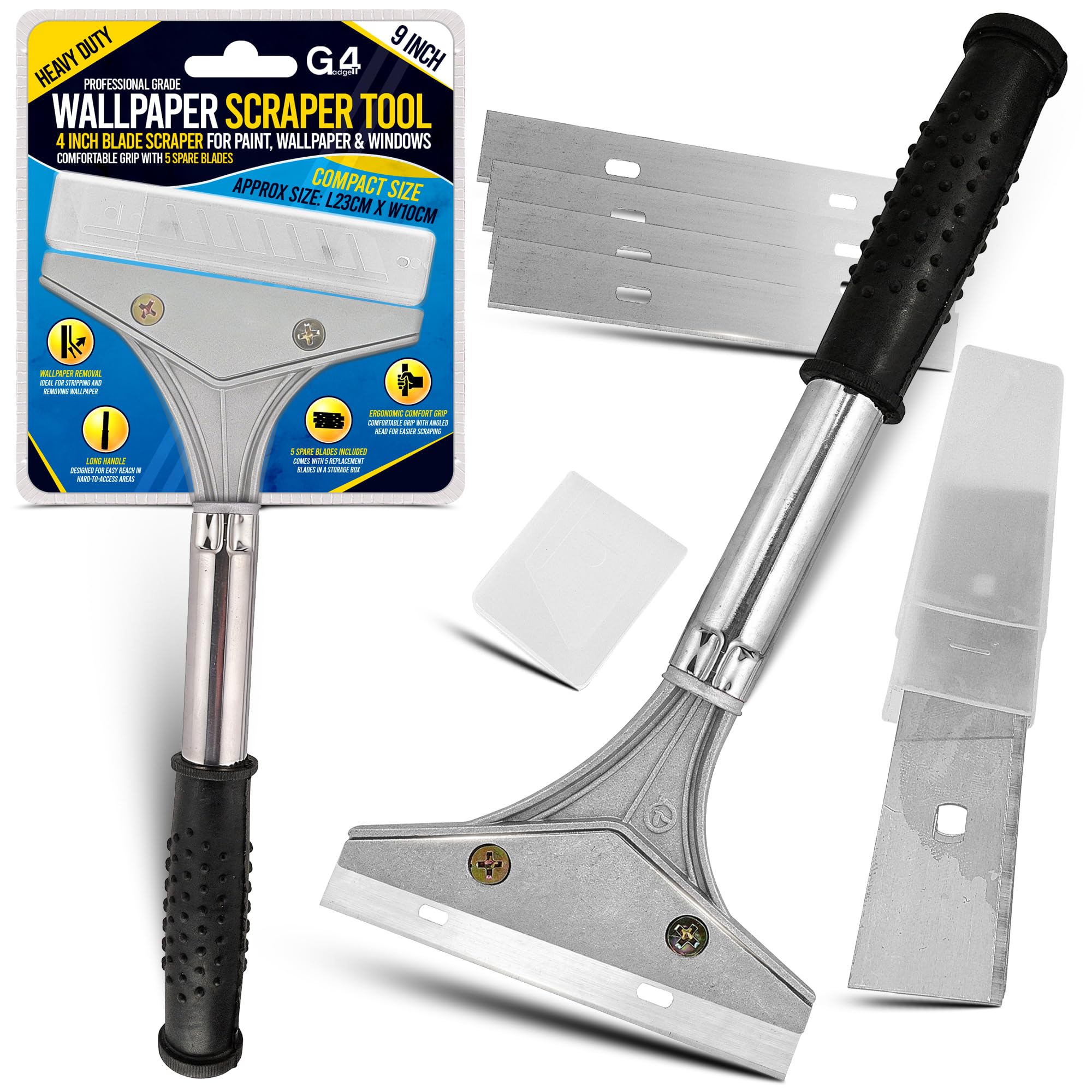 G4GADGET Heavy Duty Wallpaper Scraper 9 Inch Long with Comfortable Grip – 4 Inch Blade Paint & Window Scraper Tool with 5 Spare Blades for Wallpaper Stripping, Glass, Tiles & Adhesive Removal