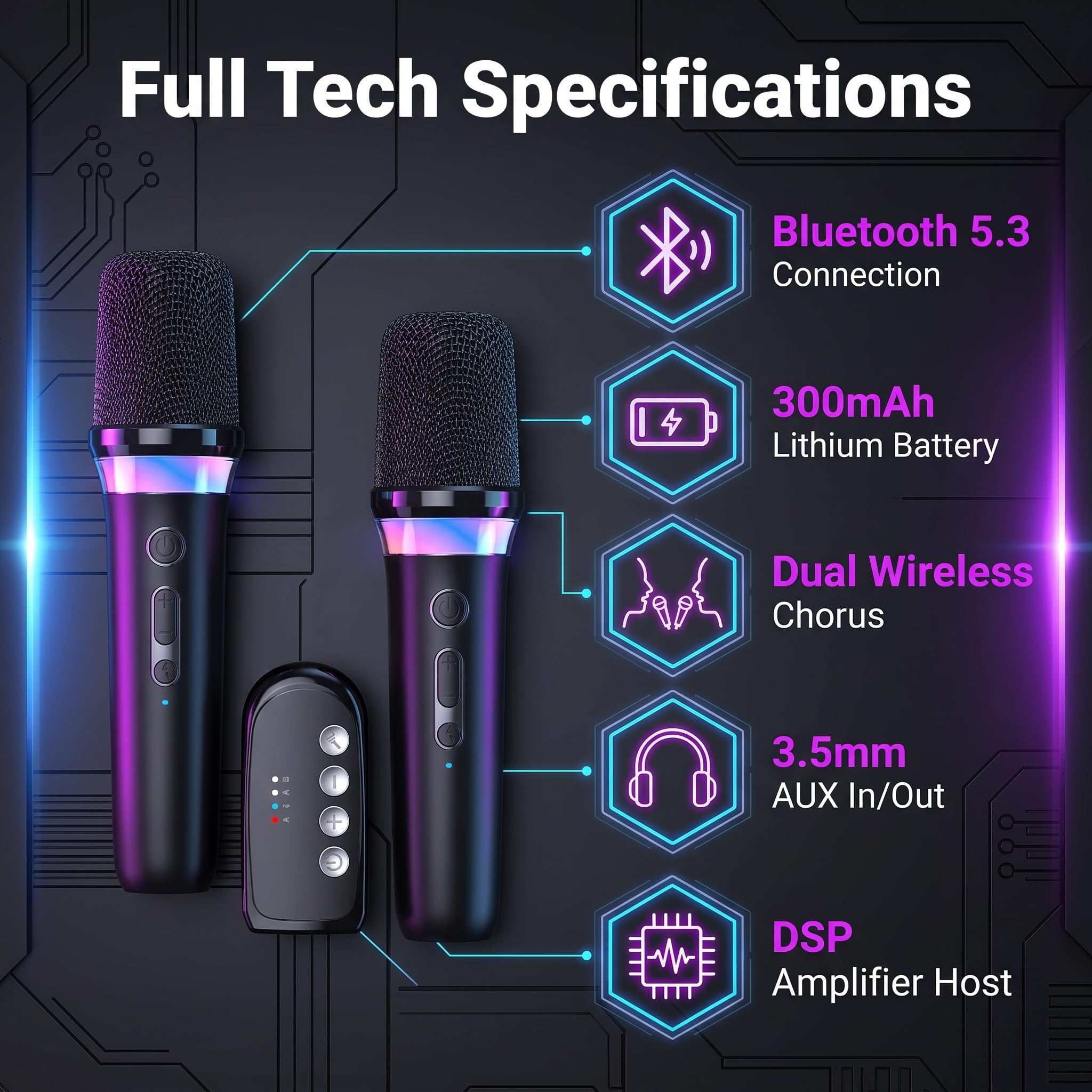Wireless Karaoke Mikrofon Set für Auto Funkmikrofon, Bluetooth Mikrofon mit 3.5mm Aux Empfänger Dynamisches Microphone Wiederaufladbar, Funkmikrofon Zum Singen für Familienfeiern, Partys