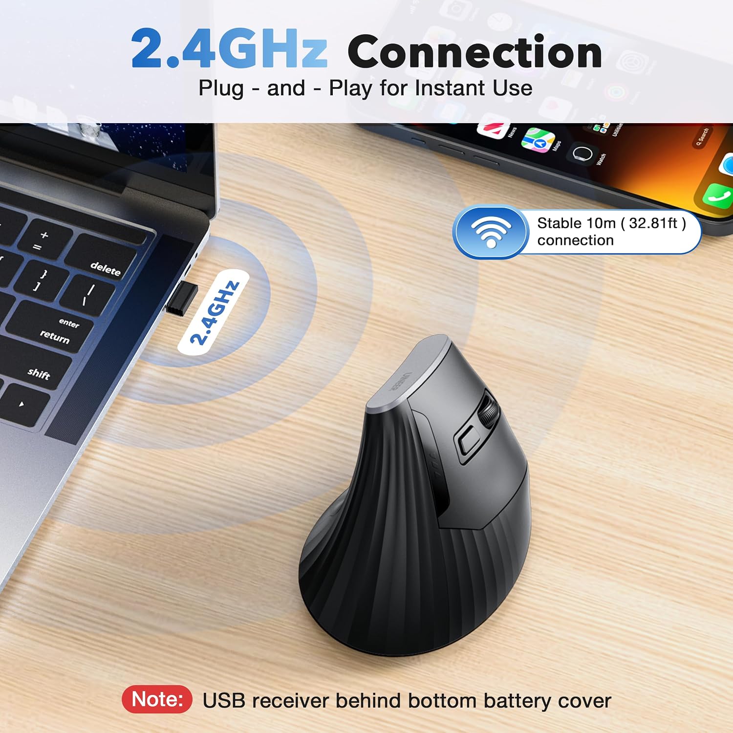 Uineer 2.4GHz Vertical Ergonomic Wireless Mouse, USB-A Computer Mouse, 4 Adjustable DPI up to 2400, 12-Month Battery Life, 6 Buttons, for Laptop, PC, Computer, Chromebook, Notebook, Black 5 81bdQpt2sML. AC SL1500