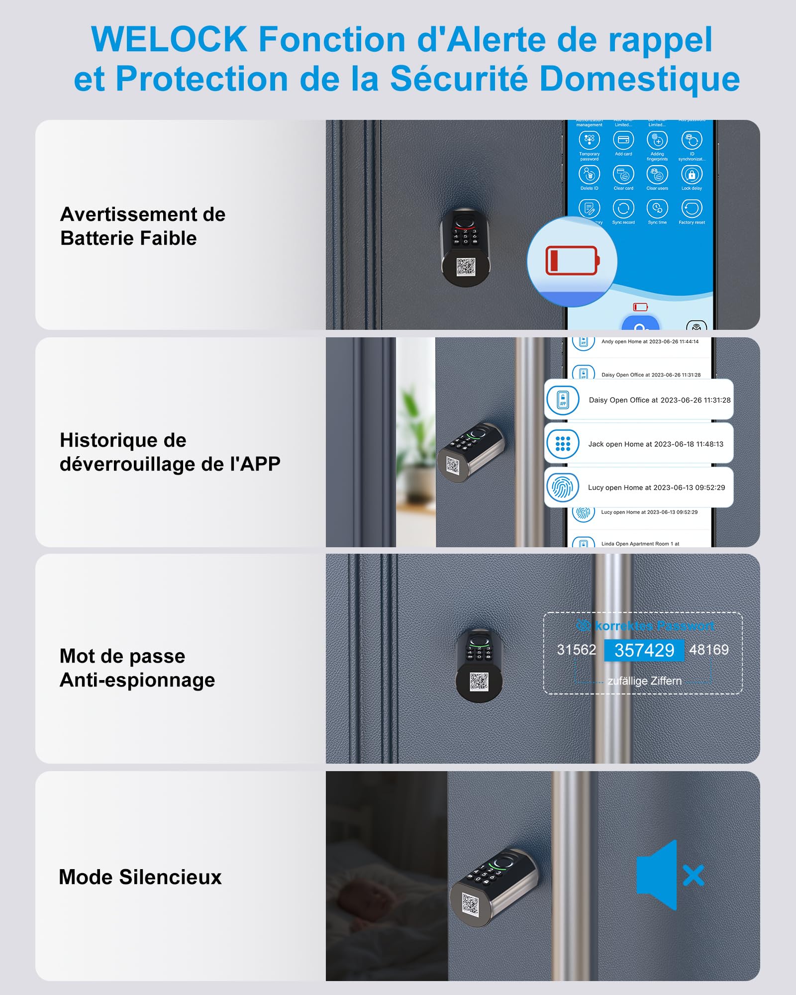 WELOCK ToucA71 Serrure Connectée,Serrure Empreinte Digitale avec Code,RFID Carte,APP,serrure à code WiFi(Besoin welock wifibox),Cylindre Connecté pour porte de 60-90mm,Facile à installer,Smart Lock