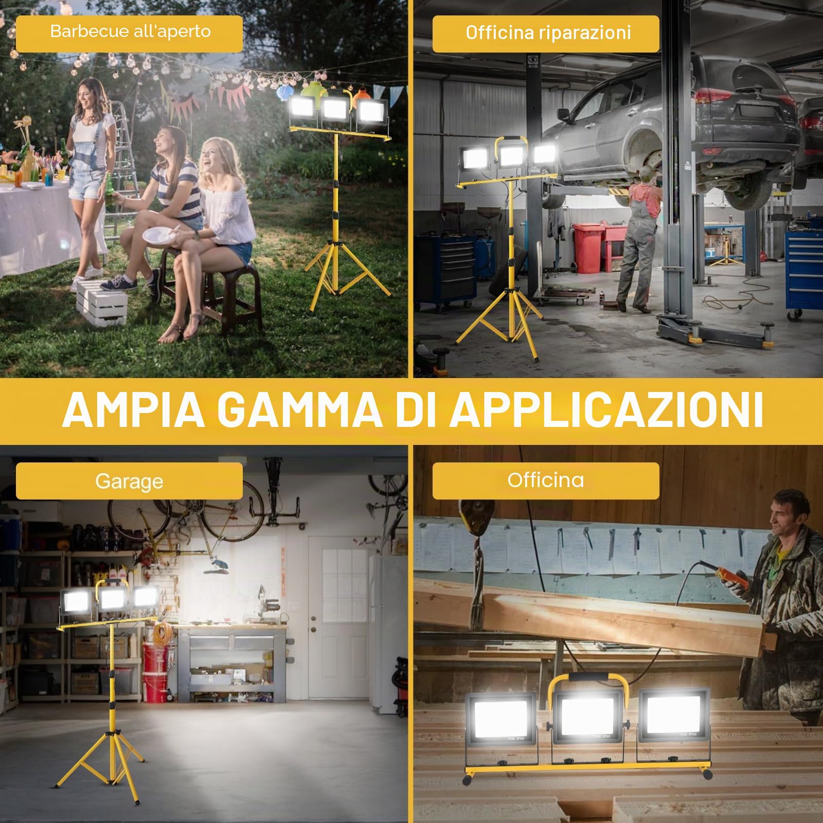Yofuly 3 × 70W Faretto LED da Cantiere, 21,000 Lumen Lampada da Lavoro Faro IP66 con Impermeabilecon 3 Teste e Altezza Regolabile Treppiede Proiettore LED per Cantiere, Riparazione, Campeggio