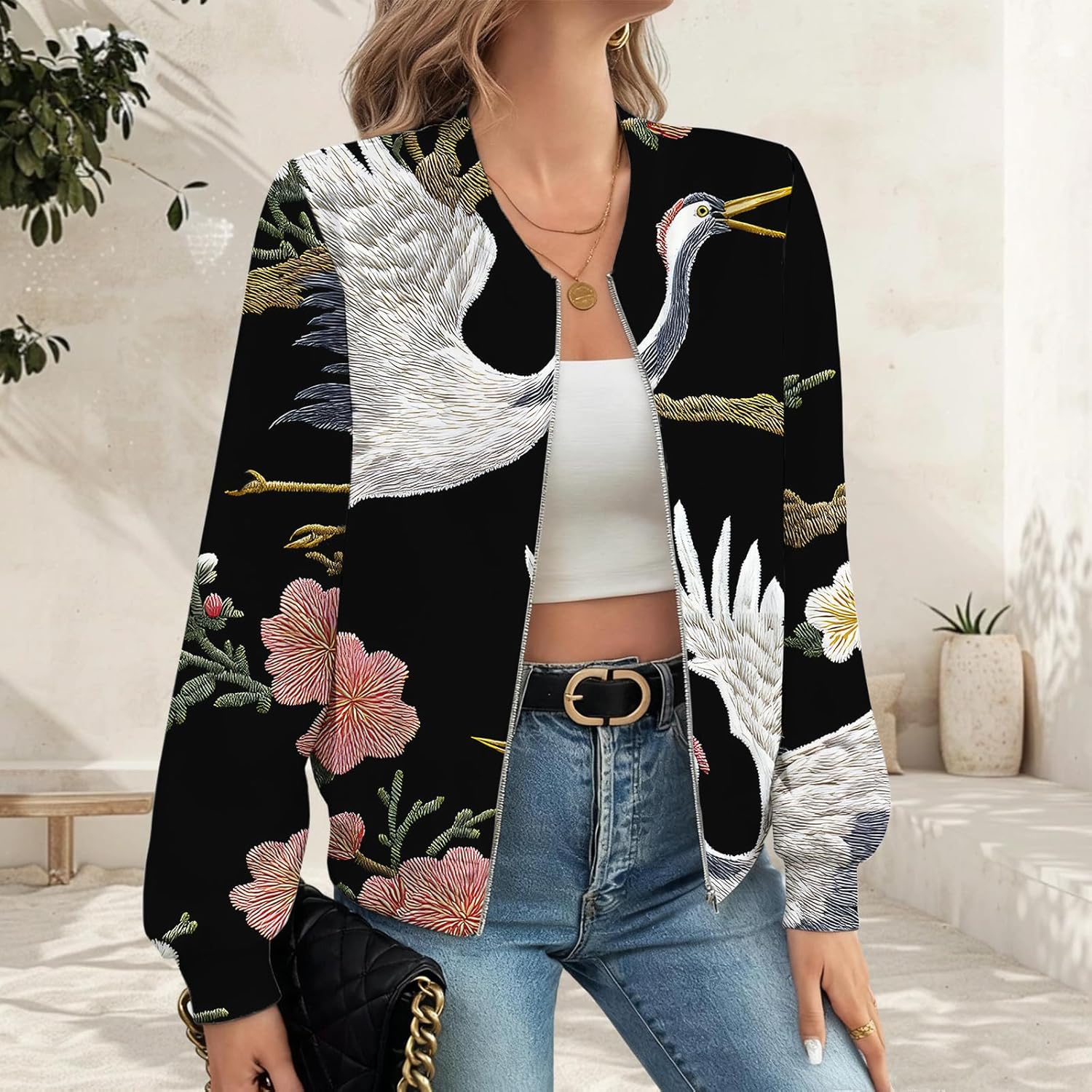 LIZALIG Women's Floral Print Bomber Jacket Casual Vintage Zip Coat Lightweight Long Sleeve Outwear Tops Windbreaker - Image 4