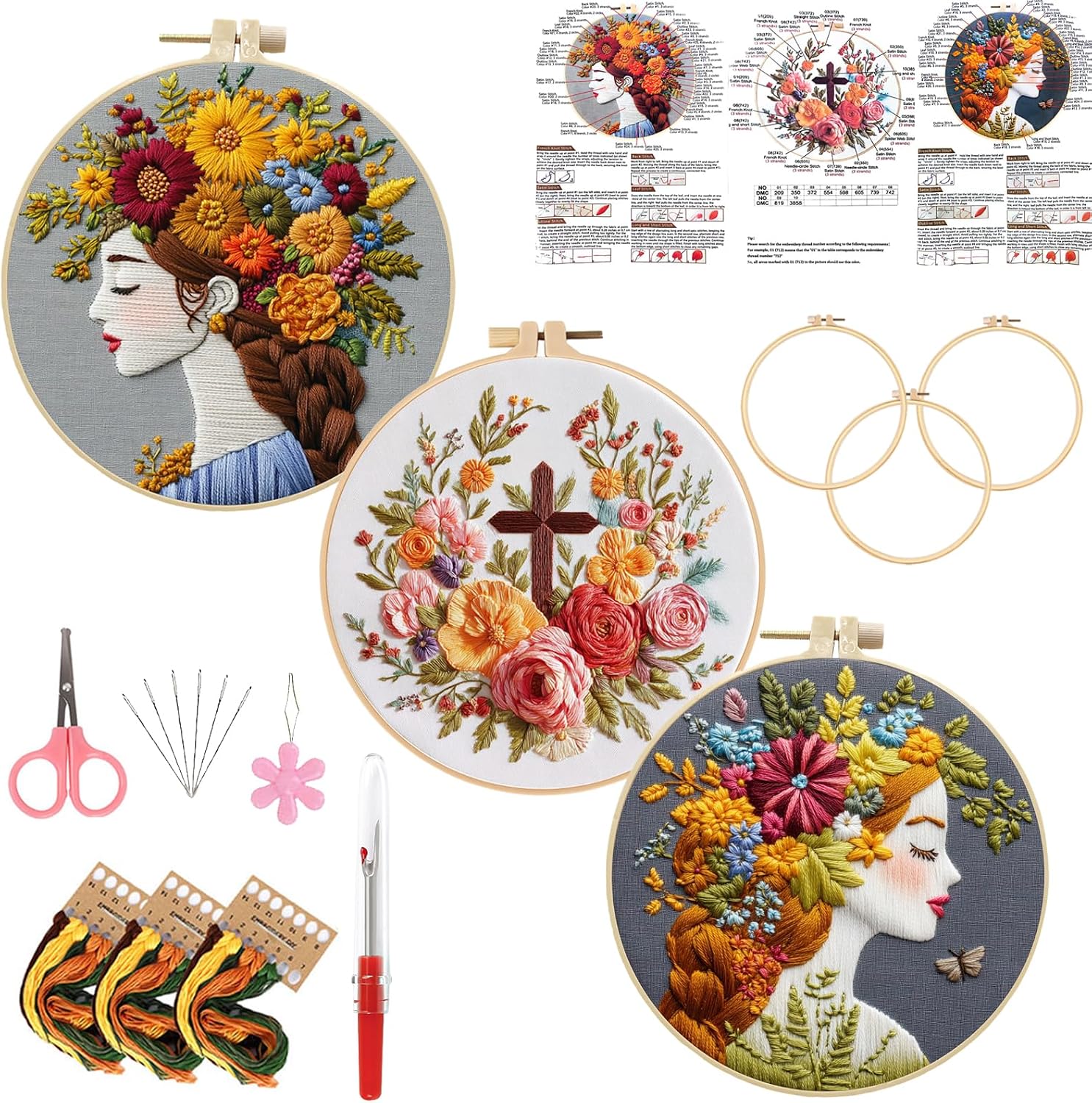 LYMIGER Floral Embroidery Kit for Adults, Flower Pre-Stamped Pattern Embroidery Kit for Beginners with Hoop Colorful Thread Needle Instruction, 7.9'' Hoop (Brown+Gold+Red)