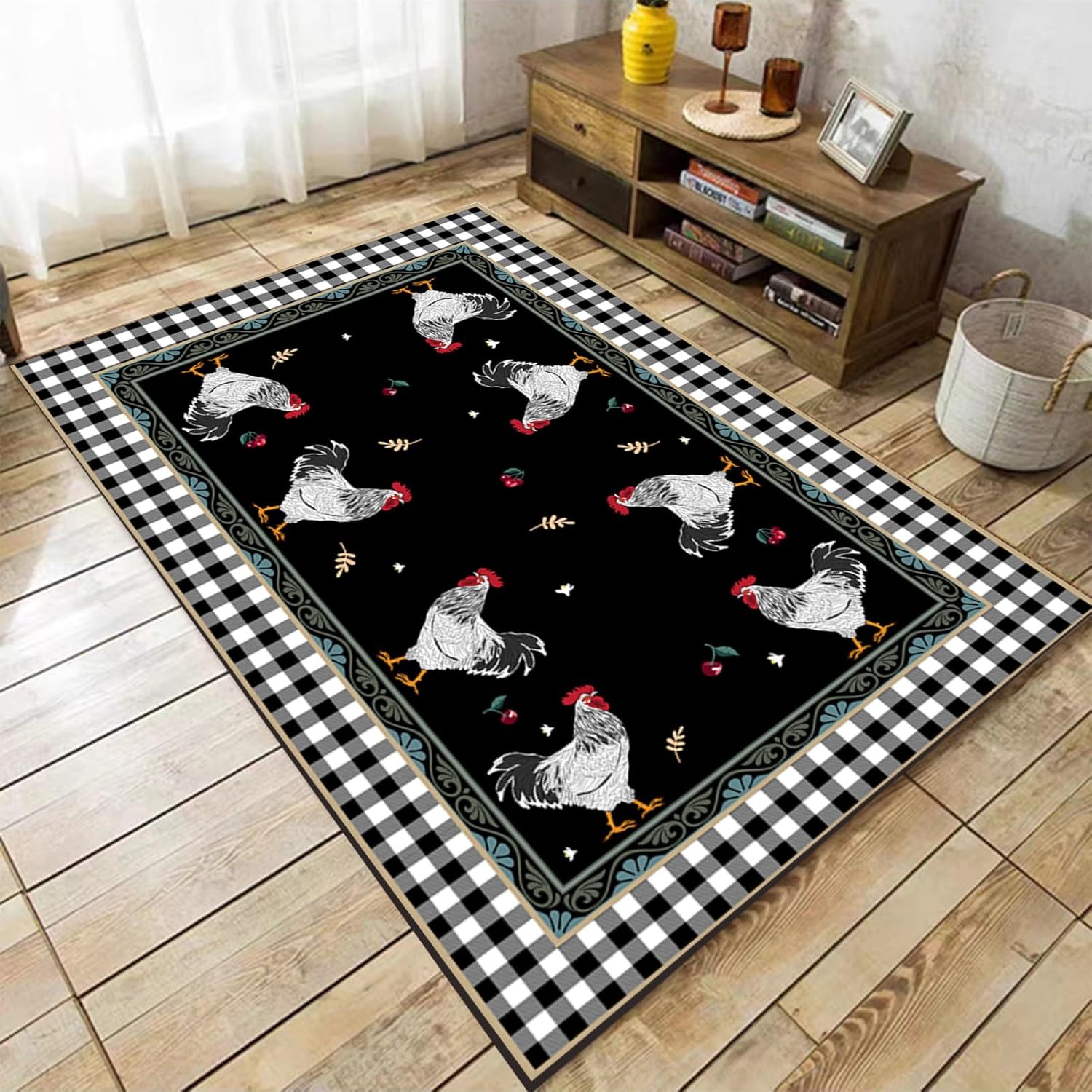Rustic Farm Animals Indoor Carpets, 3x5ft, Farmhouse Chicken Decor Rug for Kitchen, Absorbent Easy Clean Playing Mat, Breathable Soft Cozy Foldable Area Rugs for Front Porch Garden Floor