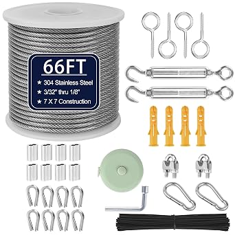 1/8" Wire Rope Kit 66FT Stainless Steel Aircraft Cable with M5 Turnbuckles, 7x7 Strand Core Vinyl Coated Guy Wire Tensioner Kit for Garden String Light, Pictuer, Clothes, Curtain Hanging