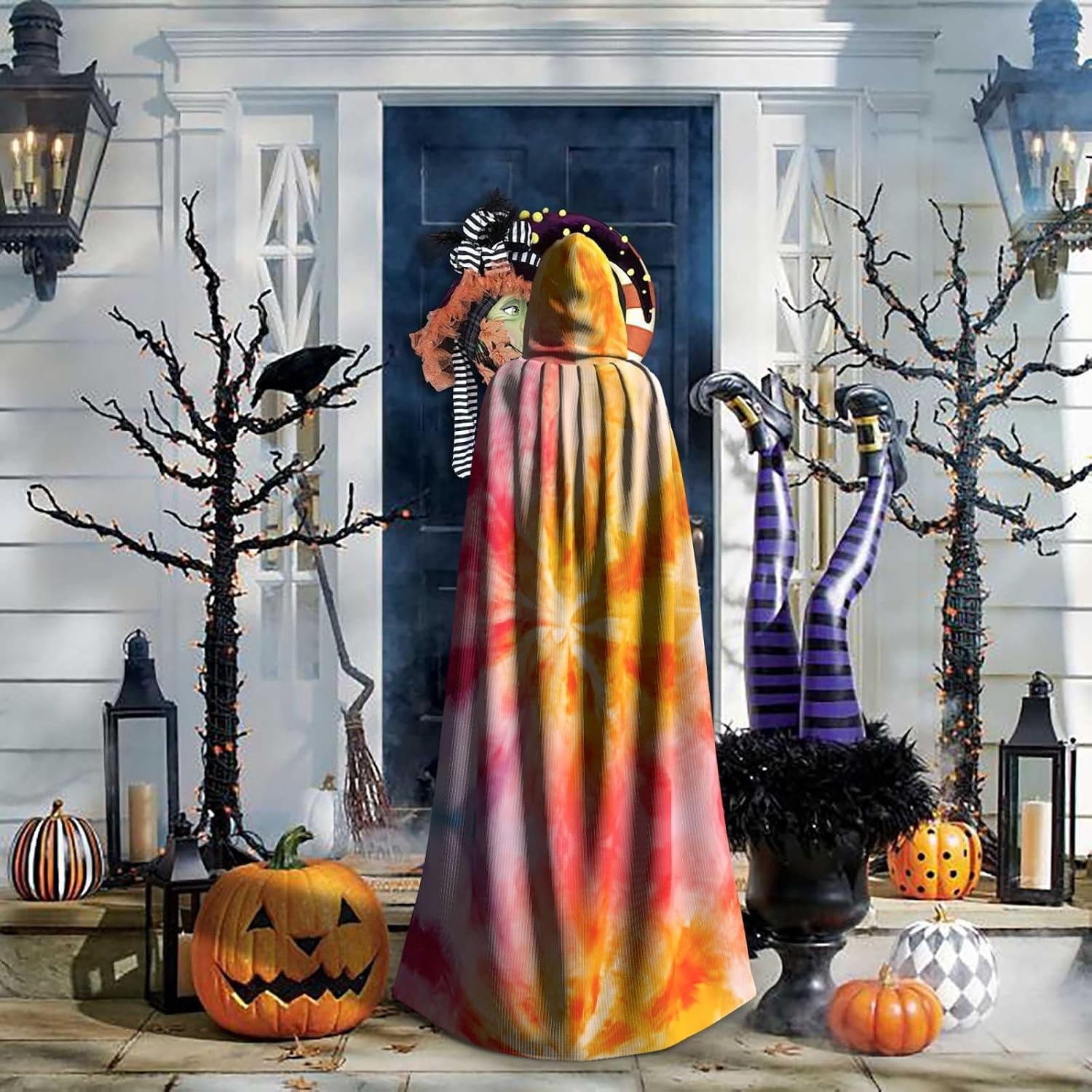 Colorful feathers Patterned hooded cape, robe Cosplay costume for men and women, Halloween adult role play costume