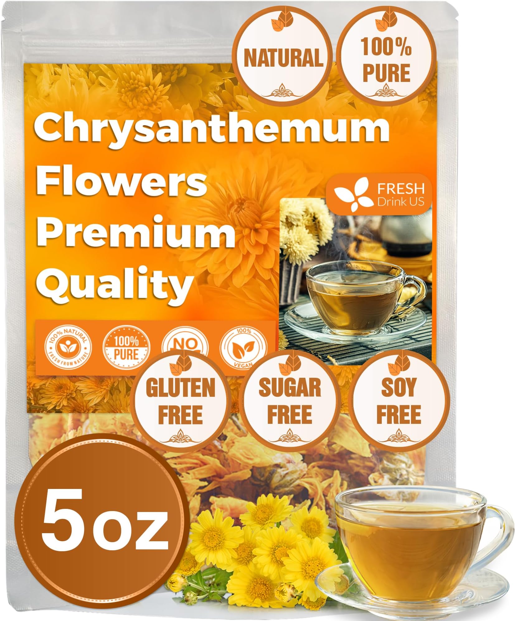 FreshDrinkUS, Premium 5oz Chrysanthemum Flowers, 100% Natural & Pure Chrysanthemum Flower Dried, Chrysanthemum Herbal Tea, No Additives, No Caffeine, Vegan
