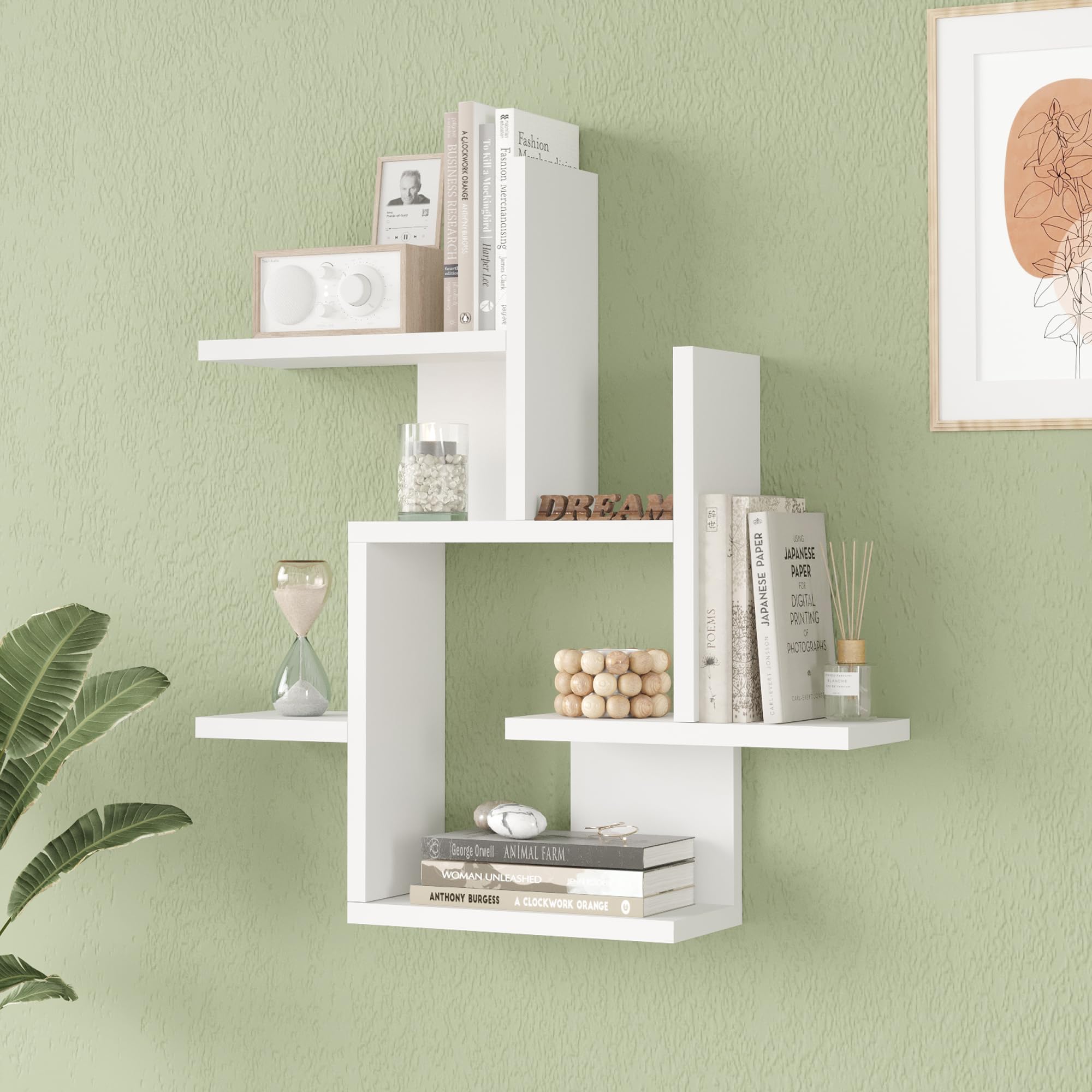 [en.casa] Scaffale da Parete Moderno Design Geometrico Mensola da Muro Libreria Sospesa per Soggiorno Ufficio Camera 66 x 63 x 15 cm Bianco
