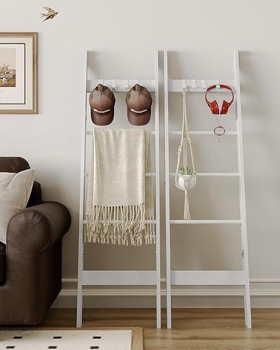 Miniatura 3 de Estante de escalera para manta para dormitorio, estante decorativo de madera con 4 ganchos extraíbles, organizador de escalera de granja de 5