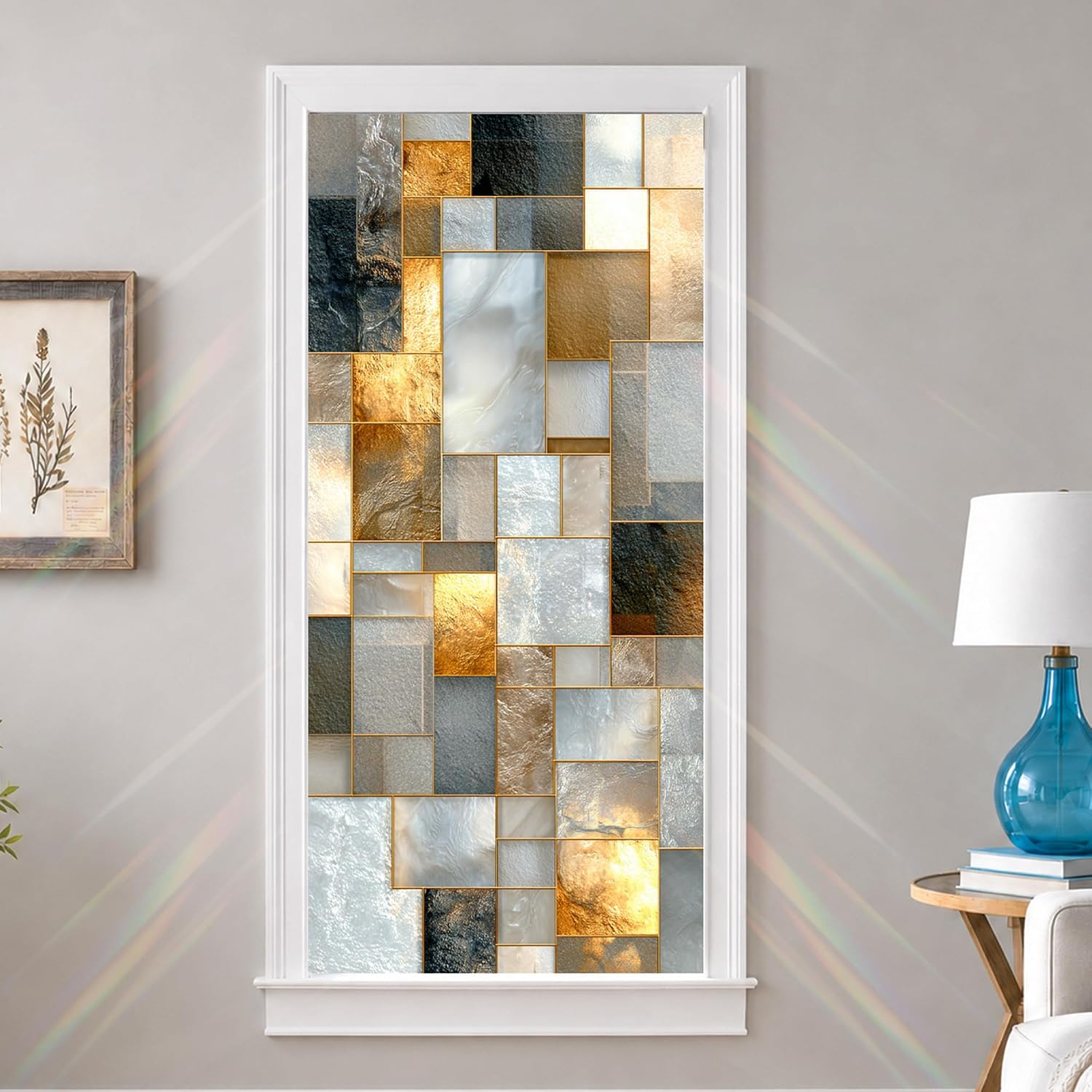 Stained Glass Style Window Film 17.3 × 39.4 Inch Gold and Amber Geometric Decorative Privacy Static Cling Glass Cover for Home Office Bathroom Living Room Door Window Decor