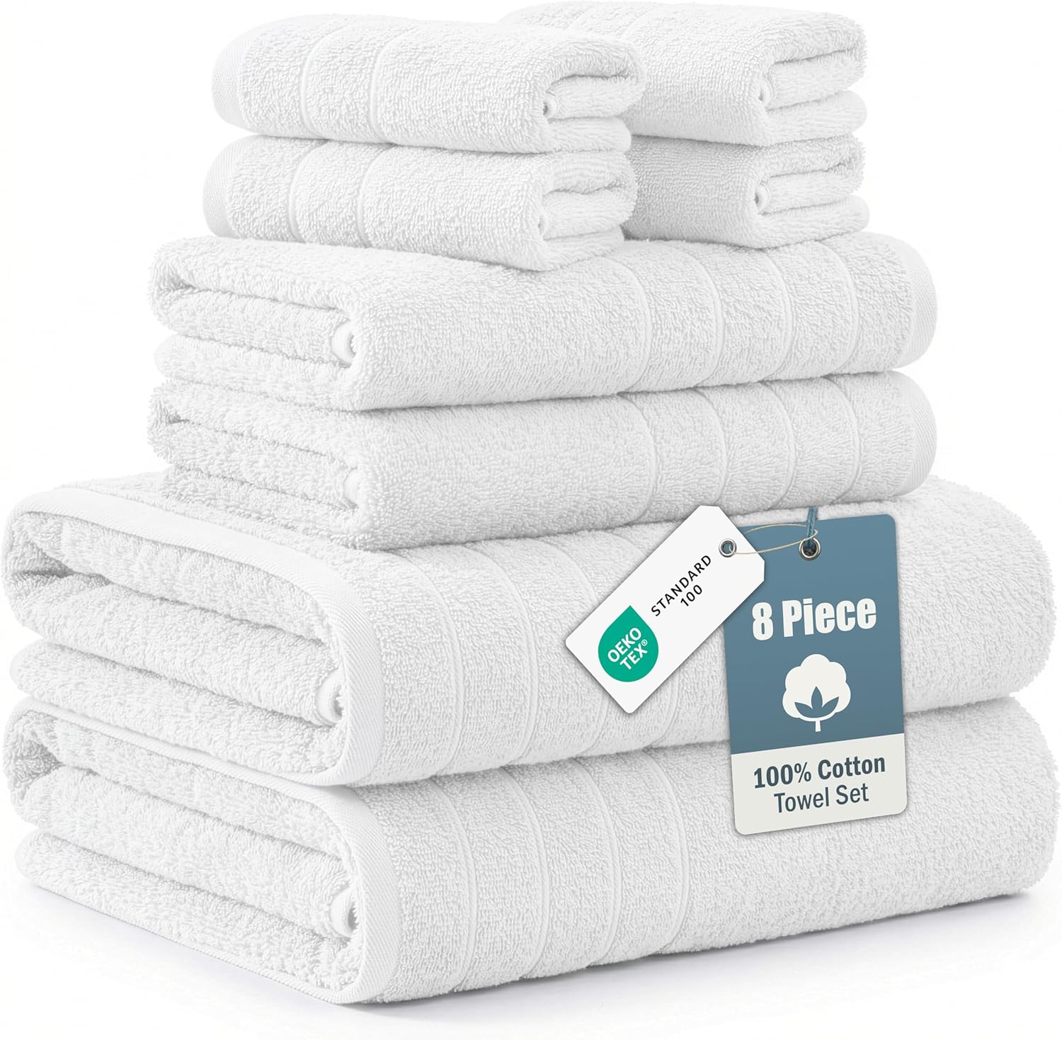 Casa Platino 100% Cotton Luxury Bath Towel Set 8 Pieces - Super Soft, Absorbent & Quick Dry - 2 Bath, 4 Washcloths, 2 Hand Towels for Bathroom - Sustainable Value Pack, Ideal for Spa & Travel - White