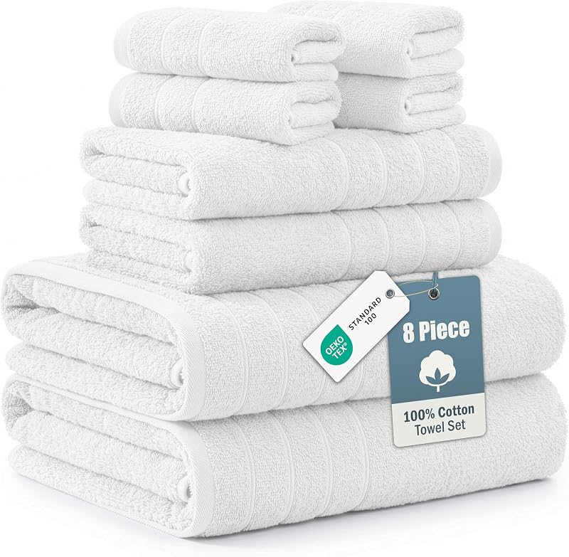 Casa Platino Large Bath Towel Set Absorbent Quick Dry 100% Cotton - White | Cotton Towels - Fade-Resistant Color, Classic Terry Weave, Densely Woven, Coordinated Colors, Dobby Border Accent