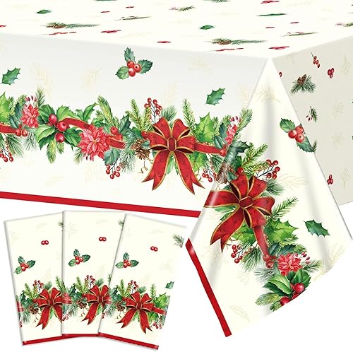 Mantel de fiesta de Navidad con acebo y cono de pino, 3 piezas, mantel rectangular de 108 x 54 pulgadas, rectangular, impermeable, decoración para