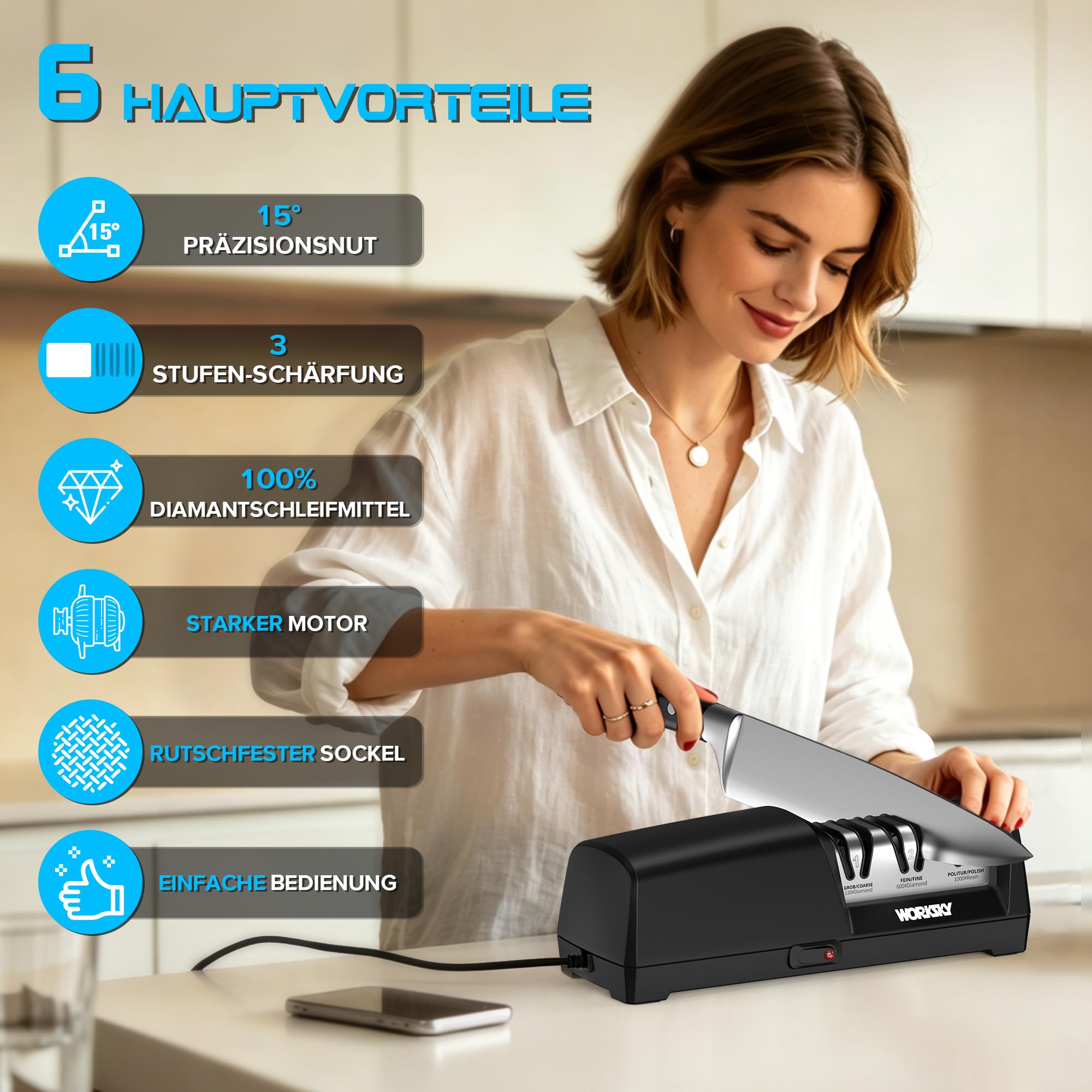 Elektrischer Messerschärfer für die Küche – Professionell 3-Stufen, 100% Diamantsystem mit 15° Präzisionswinkel, schnelles Schärfen zum Wiederherstellen und Polieren von Kochmessern, Schwarz