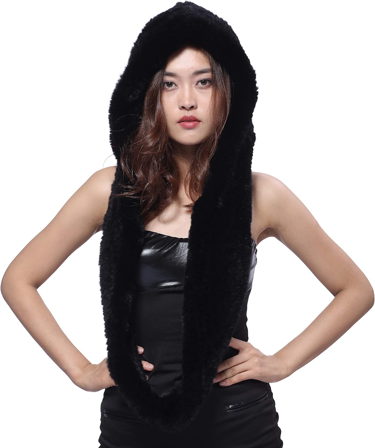 BeFur Womens Winter Real Rex Rabbit Fur Ifinity Scarf with Hood