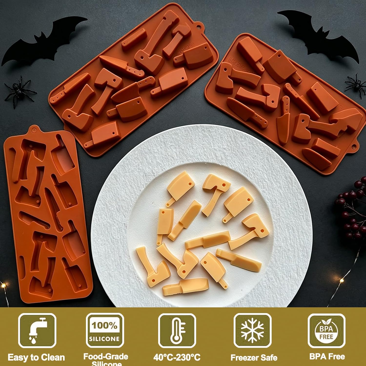 3-Pack Halloween Mini Axe Knife Silicone Molds，Knife Chocolate Candy Molds for Ice Cube Gummy, Soap, Resin Halloween Party Cupcake Toppers