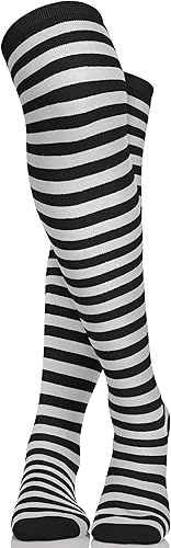 Miniatura 5 de Skeleteen Calcetines negros y blancos, por encima de la rodilla, a rayas, hasta el muslo, accesorios de disfraz, medias para hombres, mujeres