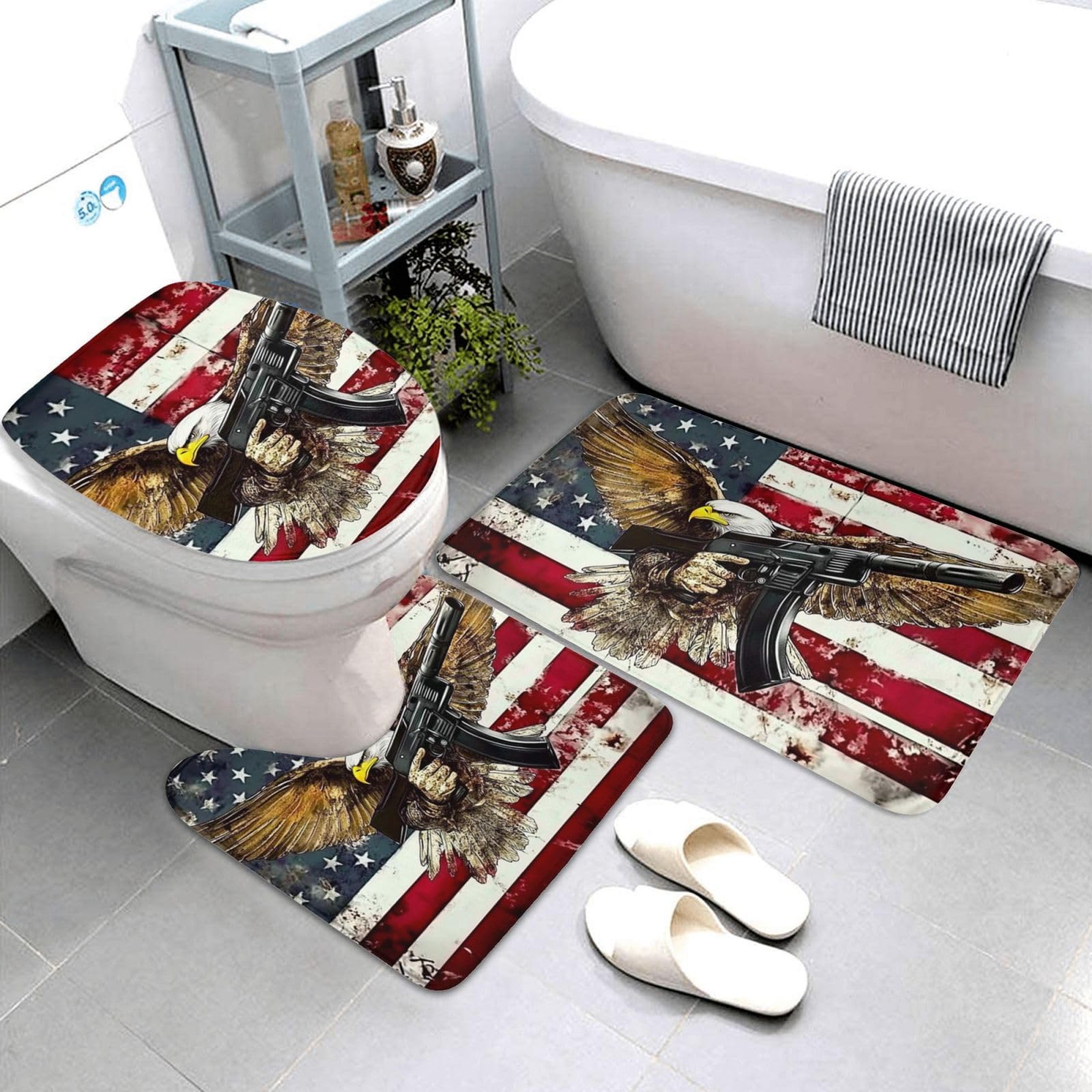Juego de alfombras de baño de 3 piezas, diseño de bandera estadounidense y águila, tapetes de baño de espuma viscoelástica suave y absorbente y alfombra de inodoro en forma de U, decoración del hogar