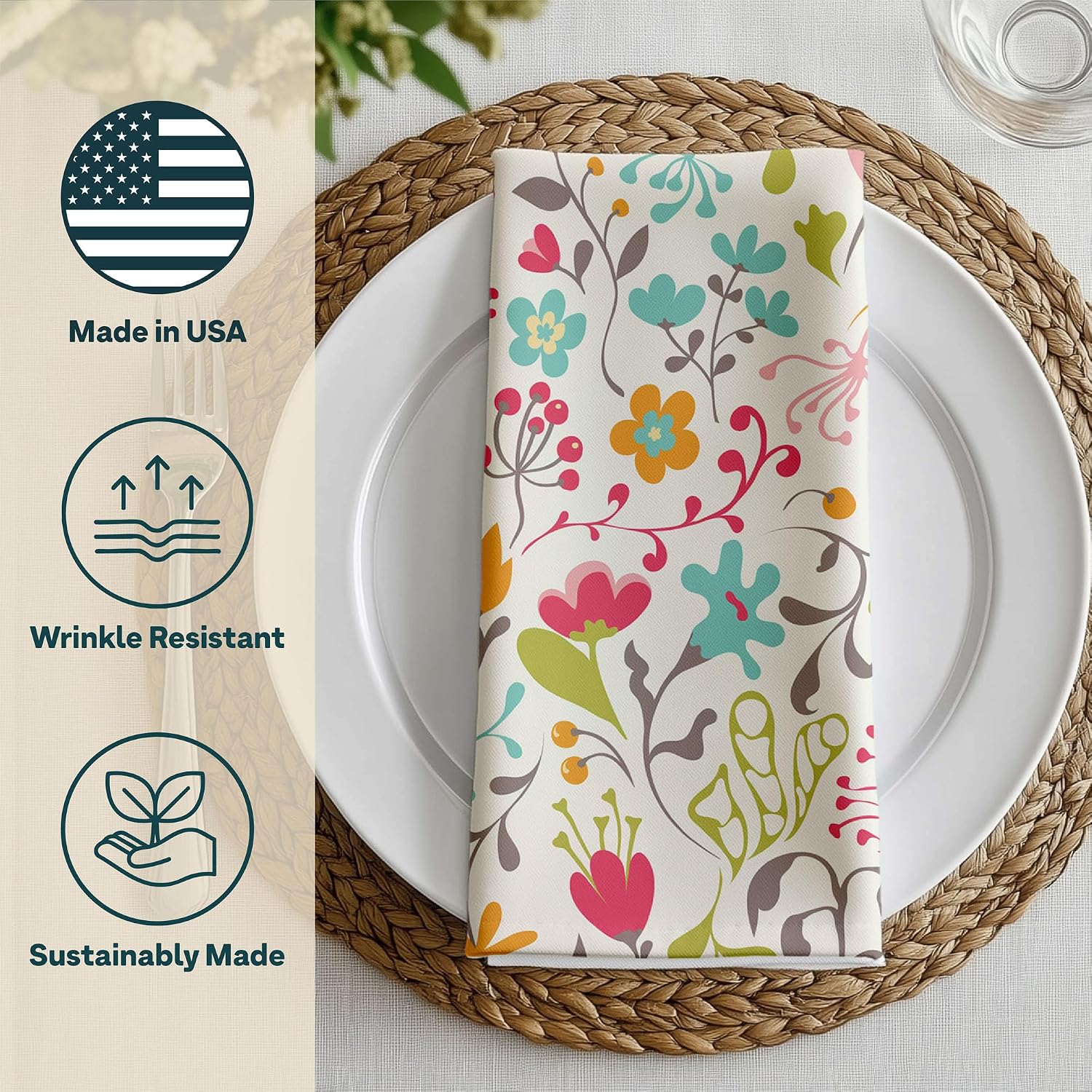 Floral Napkins | Made in USA | 18" x 18" Cloth Table Napkins | Absorbent, Washable, Reusable, Stain & Wrinkle Resistant | Spring Table Decor | Dining Linens | Easter Decor | Blooming Spring - 4pack