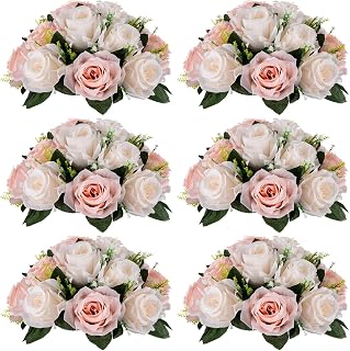 NUPTIO Flower Balls for Wedding Centrepieces - 6 Pcs 9.5in Diameter Artificial Flower Ball Arrangement Bouquet Peachy Pink & Creamy White Fake Rose Flowers Party Centerpieces for Weddings Tables