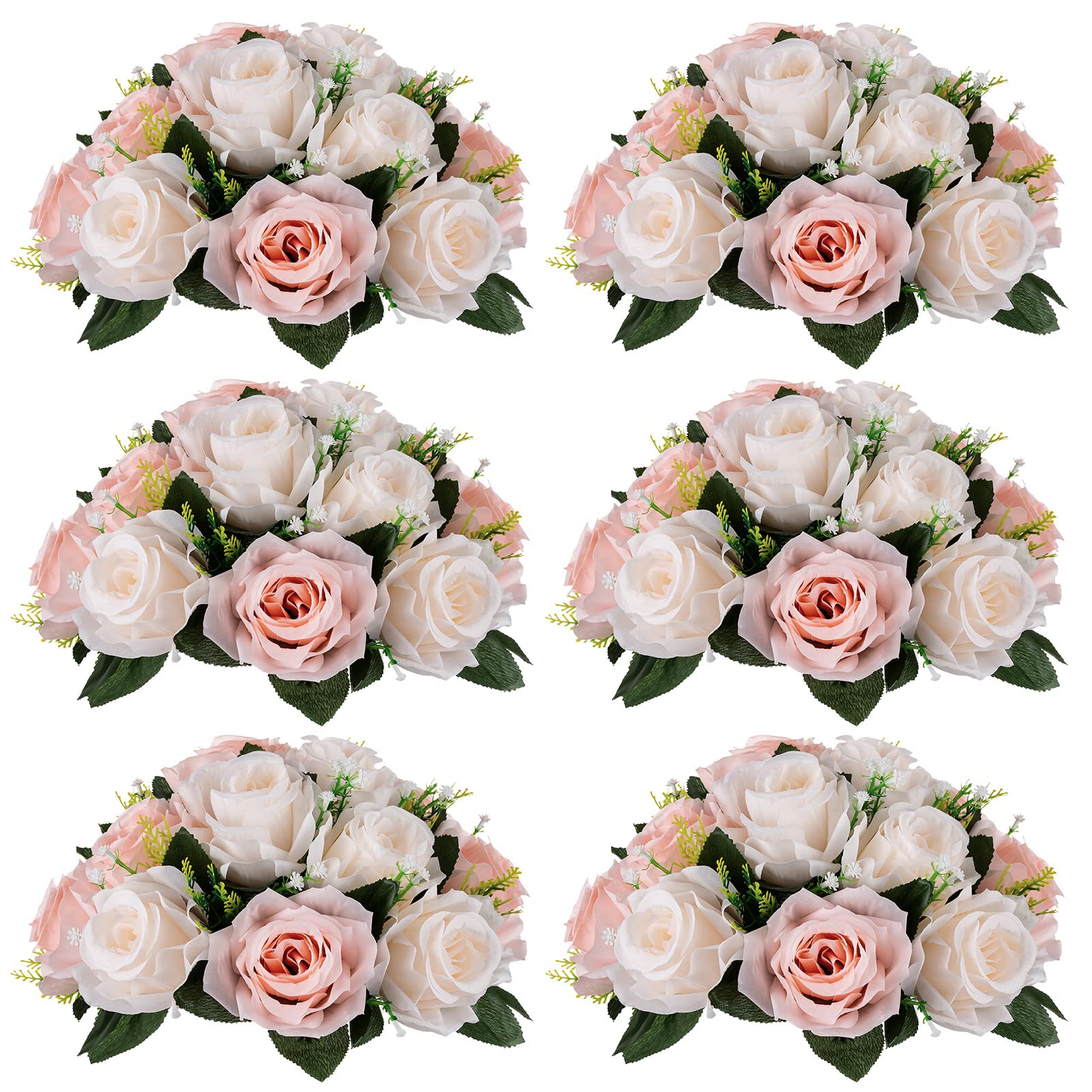 NUPTIO Flower Balls for Wedding Centrepieces - 6 Pcs 9.5in Diameter Artificial Flower Ball Arrangement Bouquet Peachy Pink & Creamy White Fake Rose Flowers Party Centerpieces for Weddings Tables