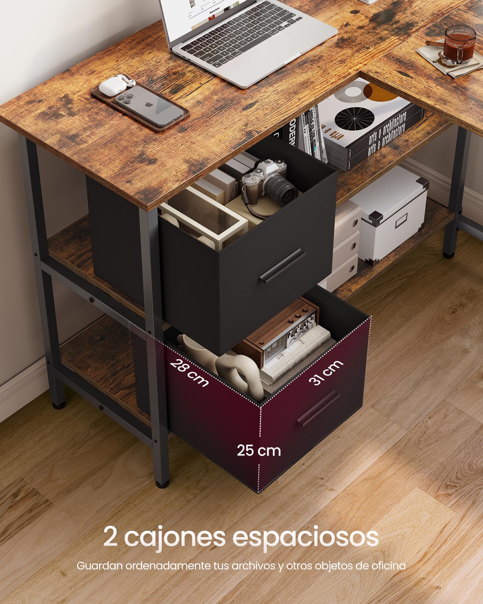 VASAGLE Escritorio en Forma de L, Esquinero, con 2 Amplios Cajones, Mesa con Soporte para Monitor, para Esquina, con Estante Ajustable, para Oficina Casa, 155 x 105 cm, Marrón Rústico LWD129K101