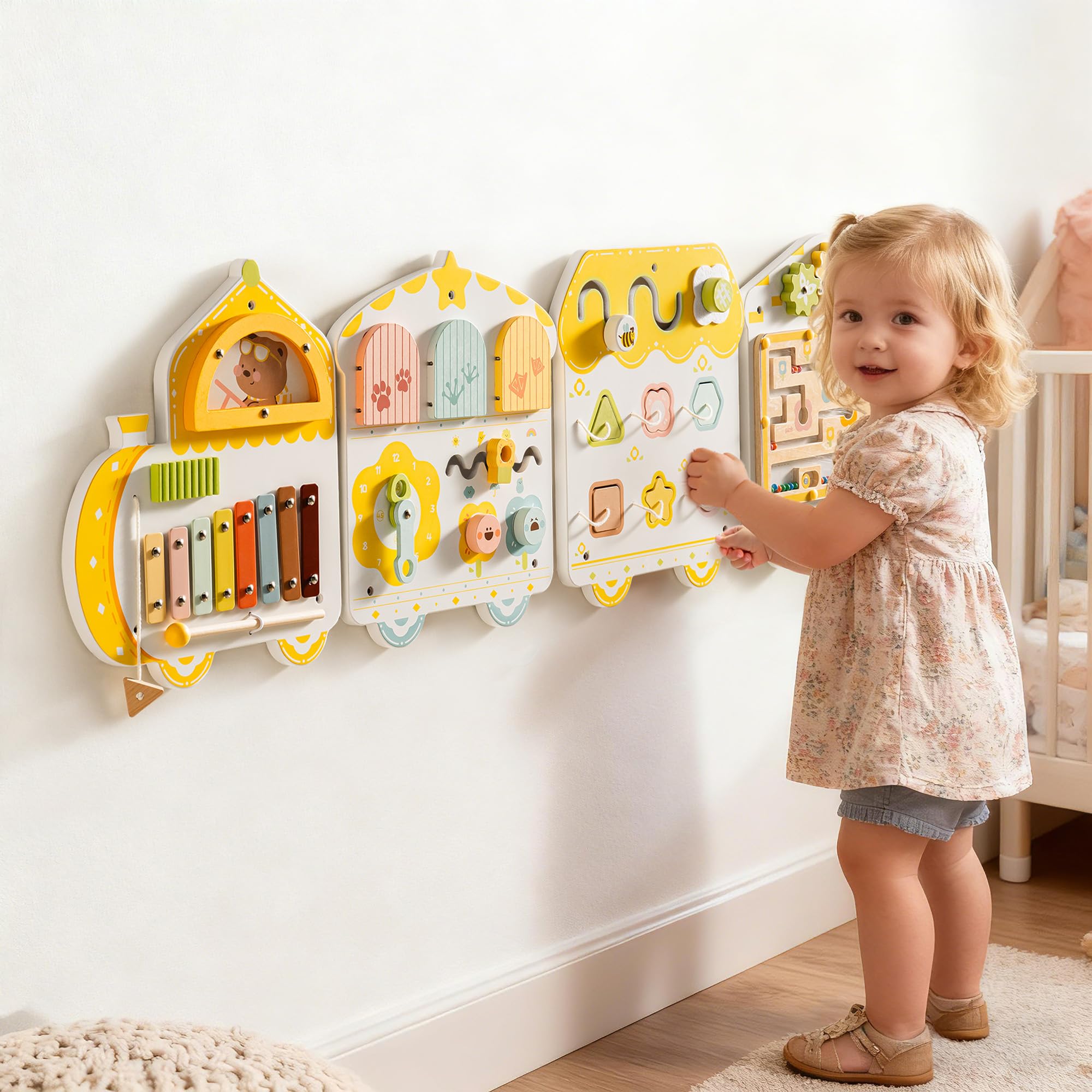ROBUD Montessori Busy Board à partir de 18 Mois – Tableau d'activités Mural 12 en 1 en Bois avec Xylophone, Tambour, Tableau météo, Horloge, Formes, Engrenages et Labyrinthe magnétique