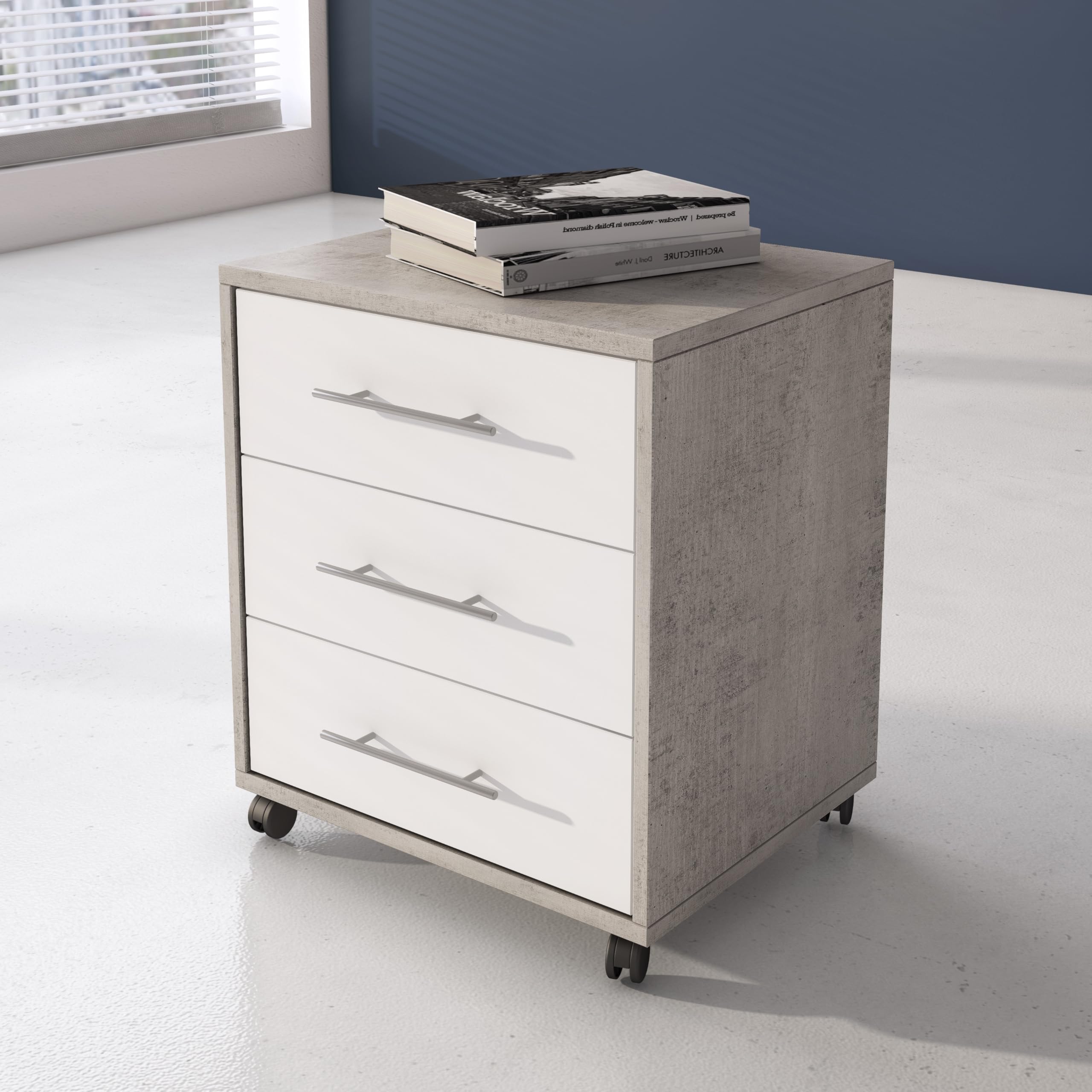 Bricozone Set Ufficio Moderno Completo In Cemento E Bianco Frassinato Con Scrivania Angolare Cassettiera Libreria E Armadi In Melaminico Antigraffio Arredo Professionale Per Home Office E Studi