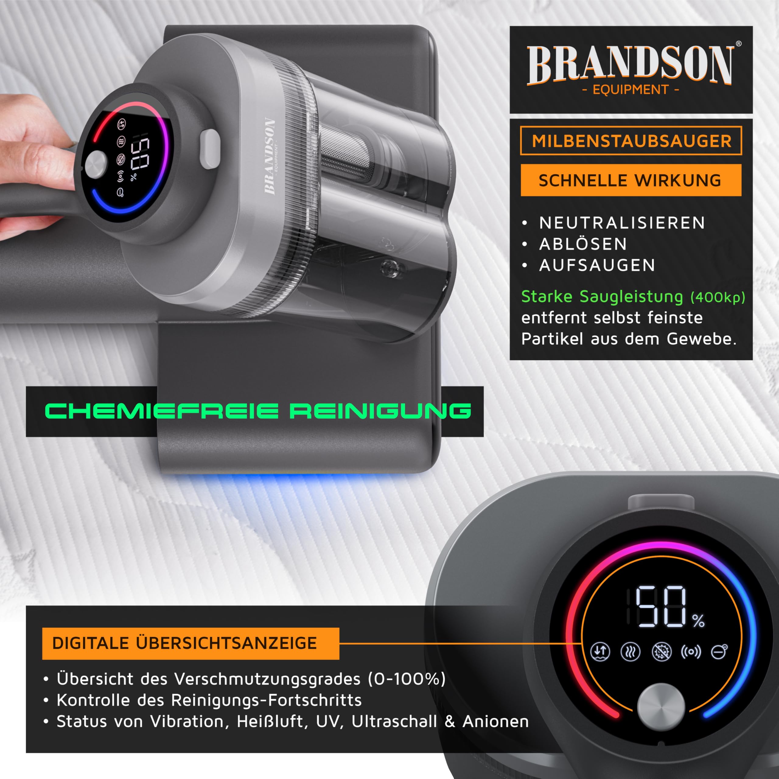 Brandson Milbensauger mit UV-C Licht Hepa Filter Bürstenwalze Matratzenreiniger